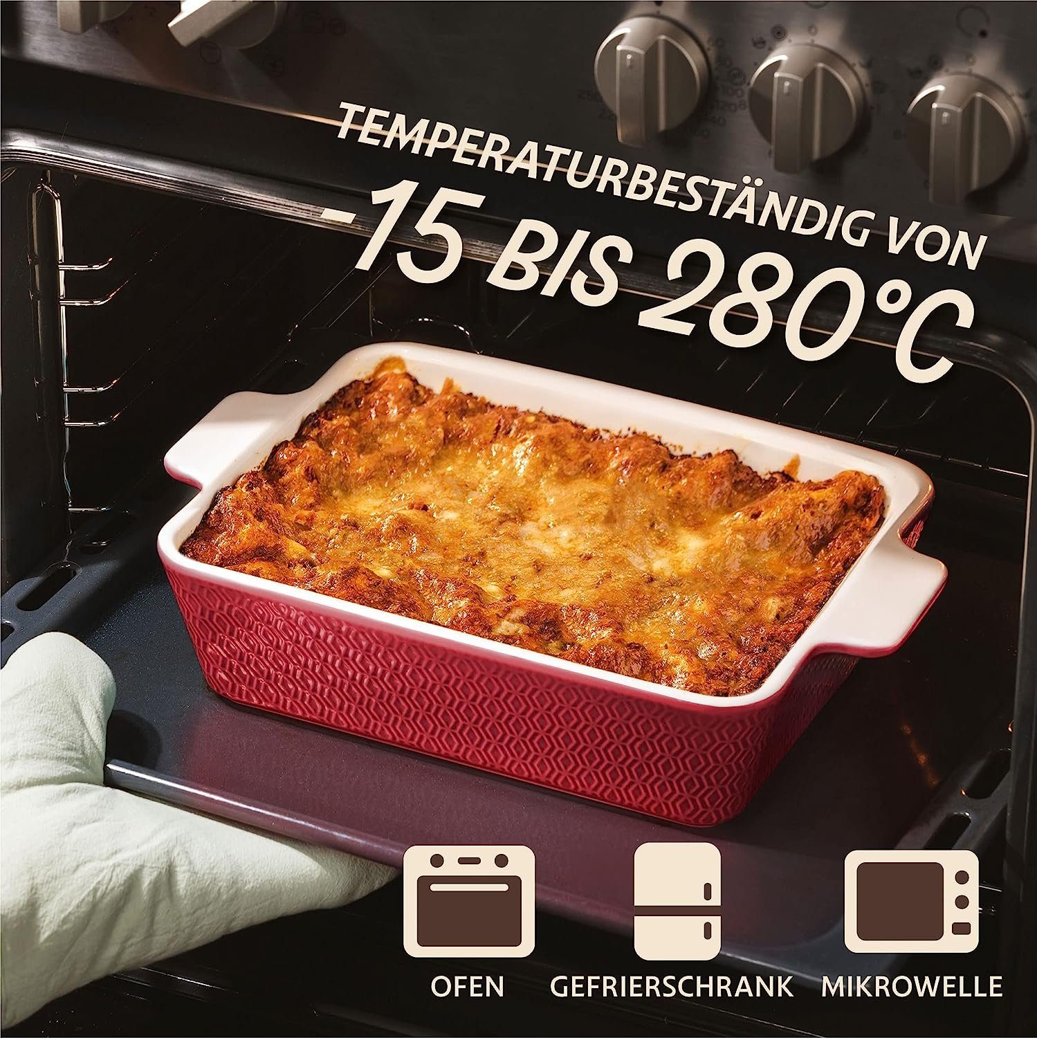 Praknu Auflaufform Auflaufform Groß Rot Keramik – Lasagneform 28x22 cm, 8 cm hoher Rand, Keramik, (1-St), Für Lasagne, Tiramisu & Aufläufe – Hitzebeständig – Gr – Bild 5 von 5
