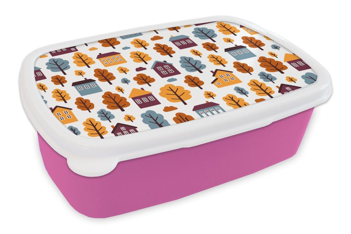 Muster Erwachsene, MuchoWow (2-tlg), Brotdose Mädchen, für Kunststoff Lunchbox - - Brotbox Kinder, Haus Snackbox, Kunststoff, Bäume, rosa