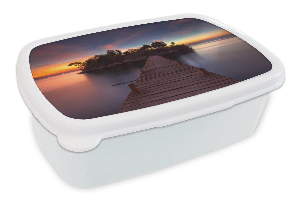 Brotbox Wasser - Kunststoff, Erwachsene, - - MuchoWow Lunchbox Brücke - Insel, Kinder Sonnenuntergang (2-tlg), für und für Jungs Mädchen und weiß Bäume Brotdose,