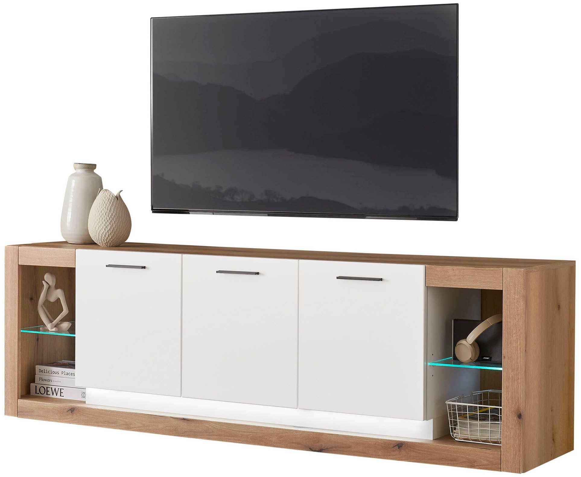 INOSIGN Lowboard Brixen, moderner TV-Schrank, Kommode in Eiche Evoke Dekor mit Weiß, Metallgriffe, ausreichend Stauraum, vielseitig einsetzbar