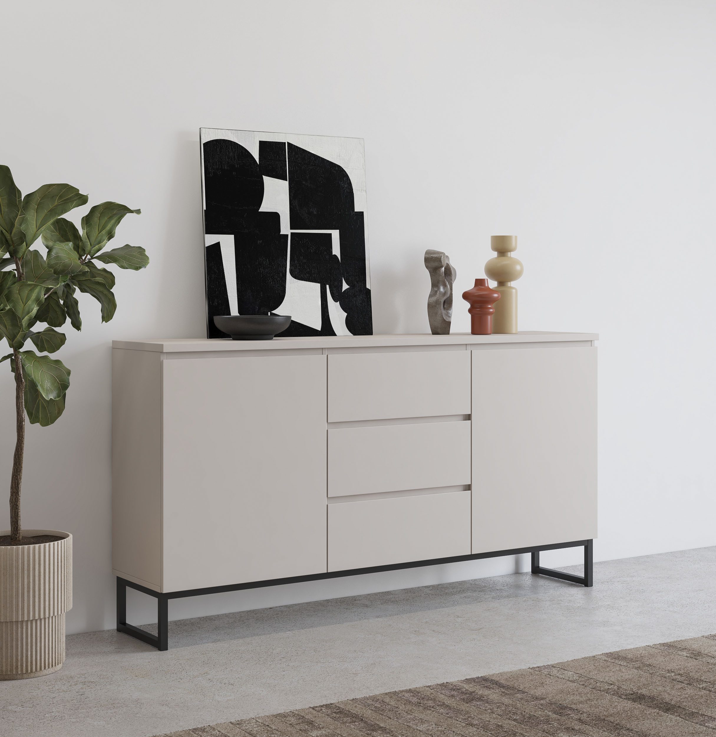 OTTO home Sideboard Modo II, Breite 150 cm, moderne grifflose Kommode 2Türen/3 SK, Schubladenkommode viel Stauraum, Einlegeböden verstellbar, Metallkufen