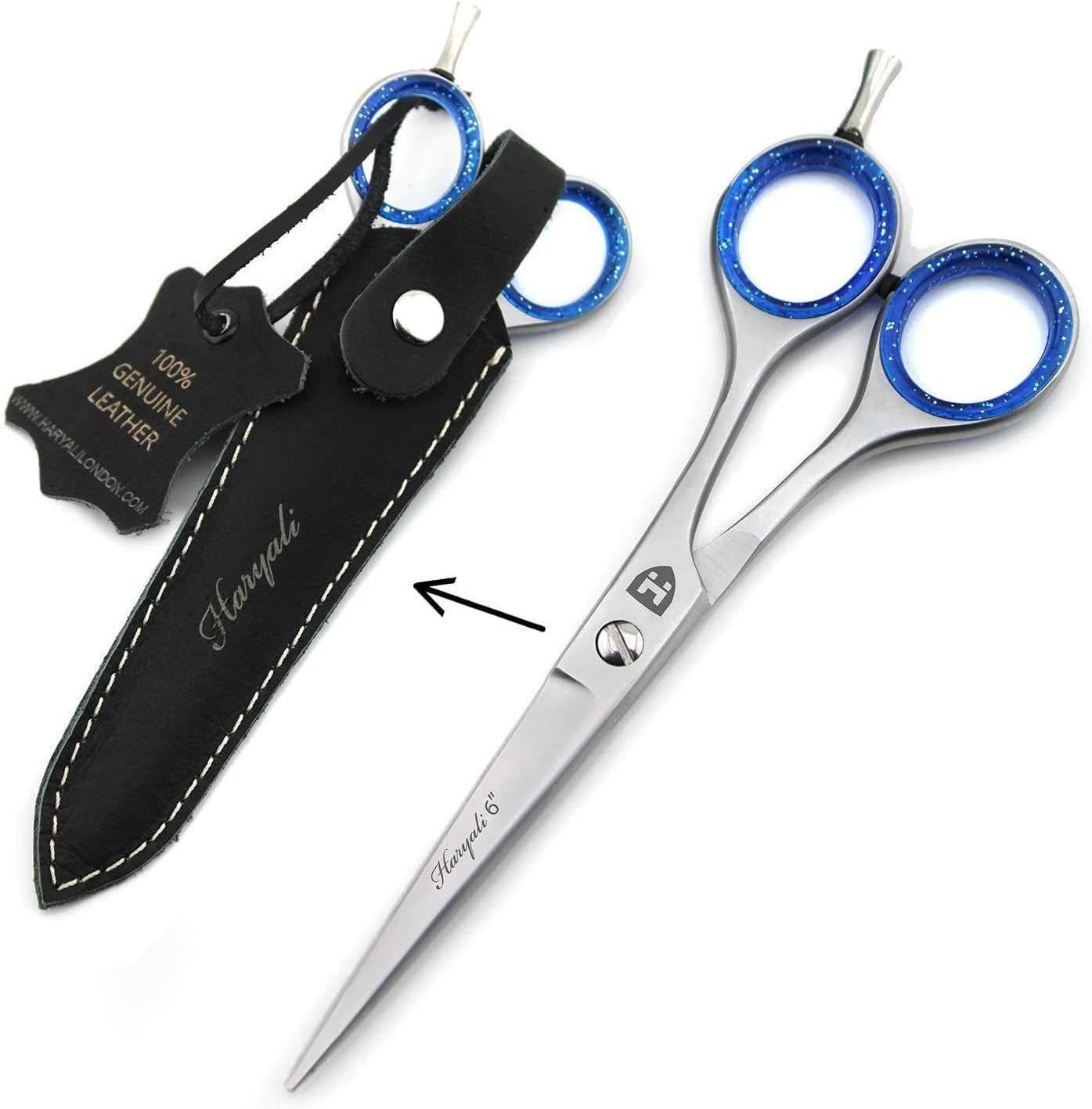 Haryali London Haarschere Friseurscheren-Set Professional Barber Super Cut 6 Zoll + Silikonring, (1-tlg), abnehmbare Fingerauflage + inklusive Lederbezug