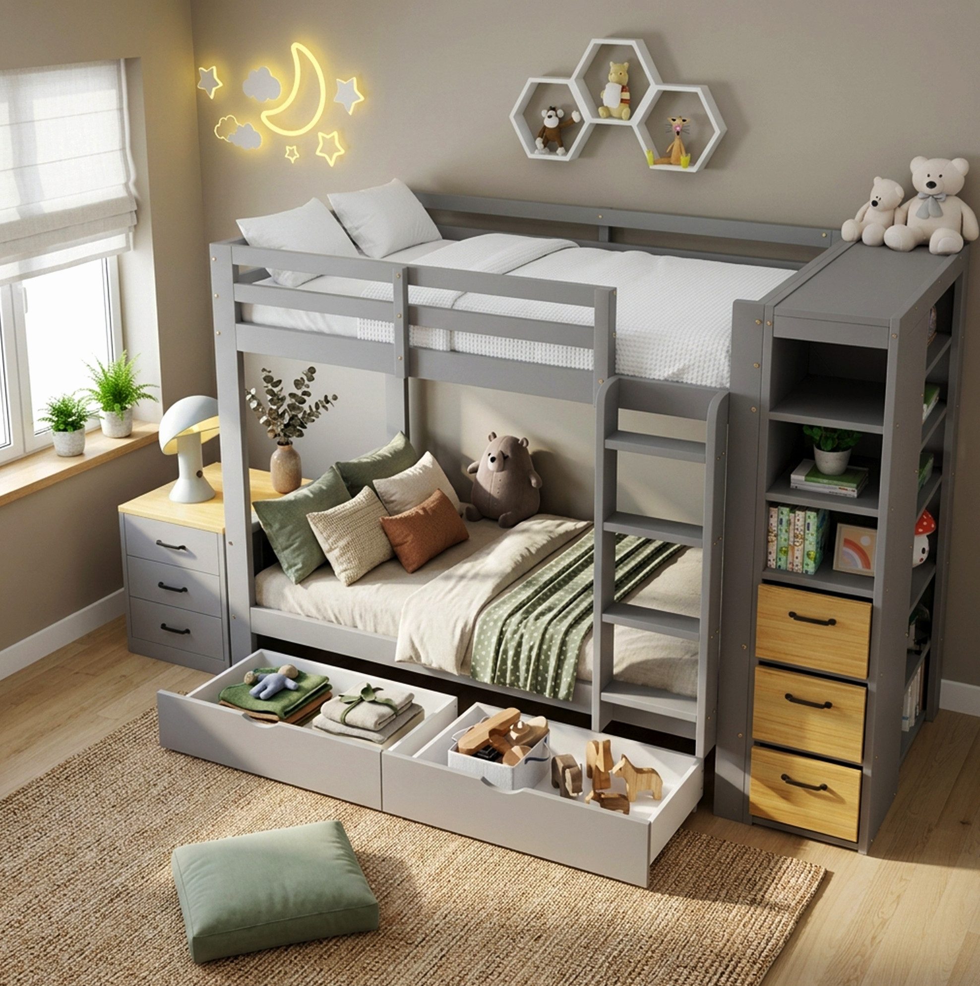OKWISH Etagenbett Kinderbett (90x200 cm Funktionsbett mit 2 Bettkästen, Schubladen, seitlichem Stauraumregal, Leiter und flexibler Nachtkommode, Stauraumbett Holzbett), ohne Matratze
