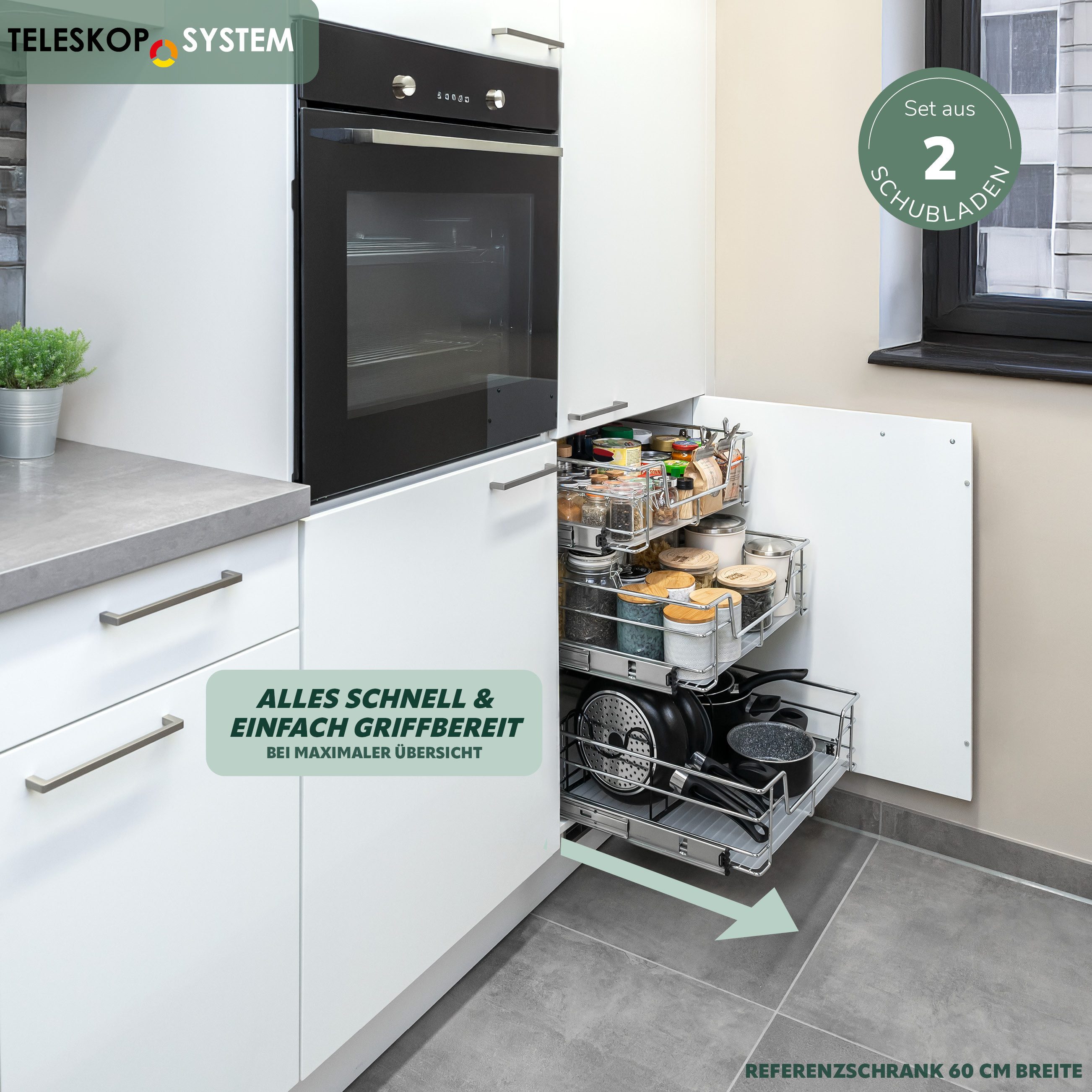 bremermann Teleskopauszug 2er Set - 50 cm mit Einlegeboden, aus Metall (Chrom)