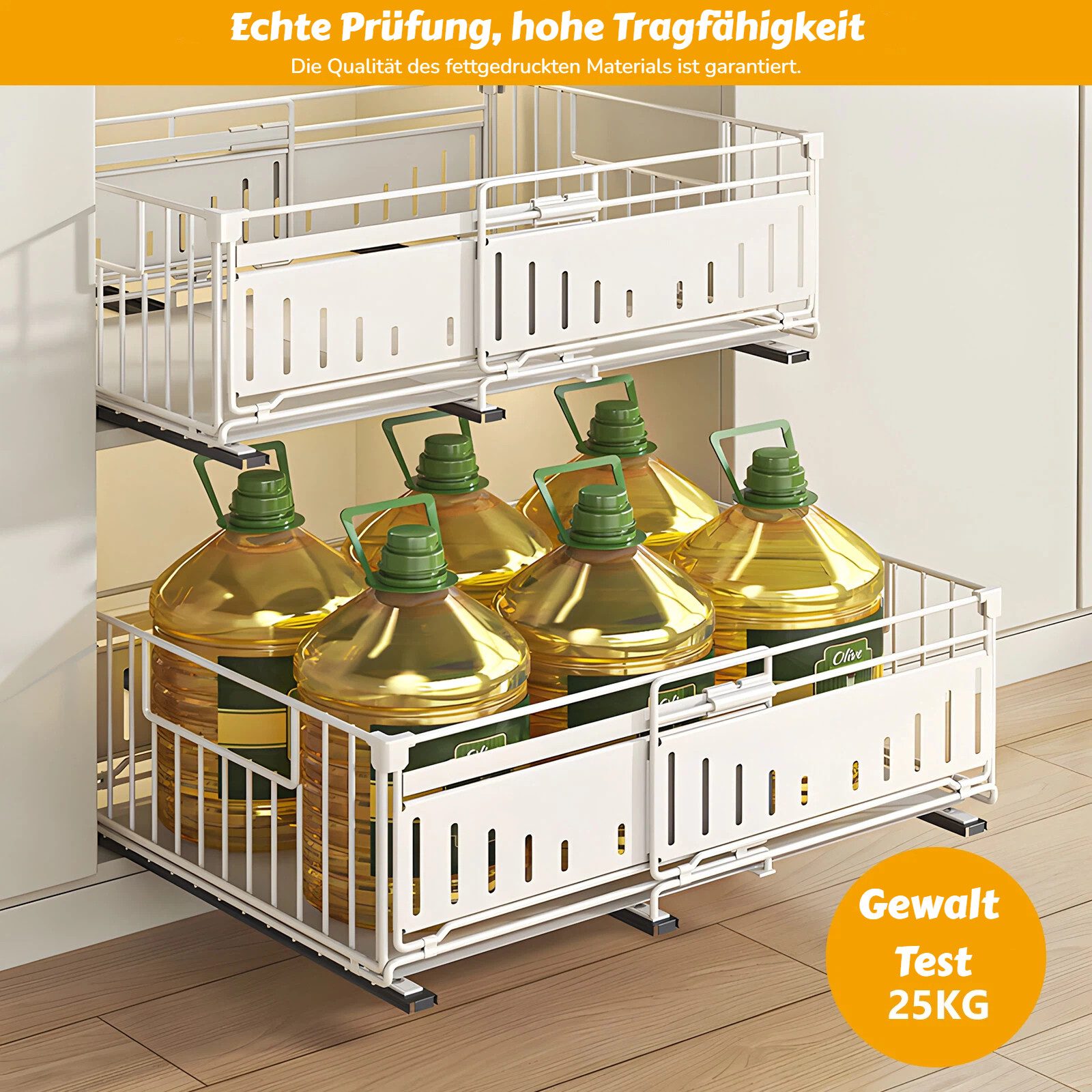 BlingBin Küchenorganizer-Set Teleskopschublade, Ausziehbare Schublade Küche Organizer Schrank, (2 Stück Erweiterbar Küchenschublade mit Kleber, 2-tlg., Produktabmessungen: 32.5-49.5L x 39B x 16.5H cm), Schubladen-Aufbewahrungsregale für Küche, Ohne Bohren, Weiß