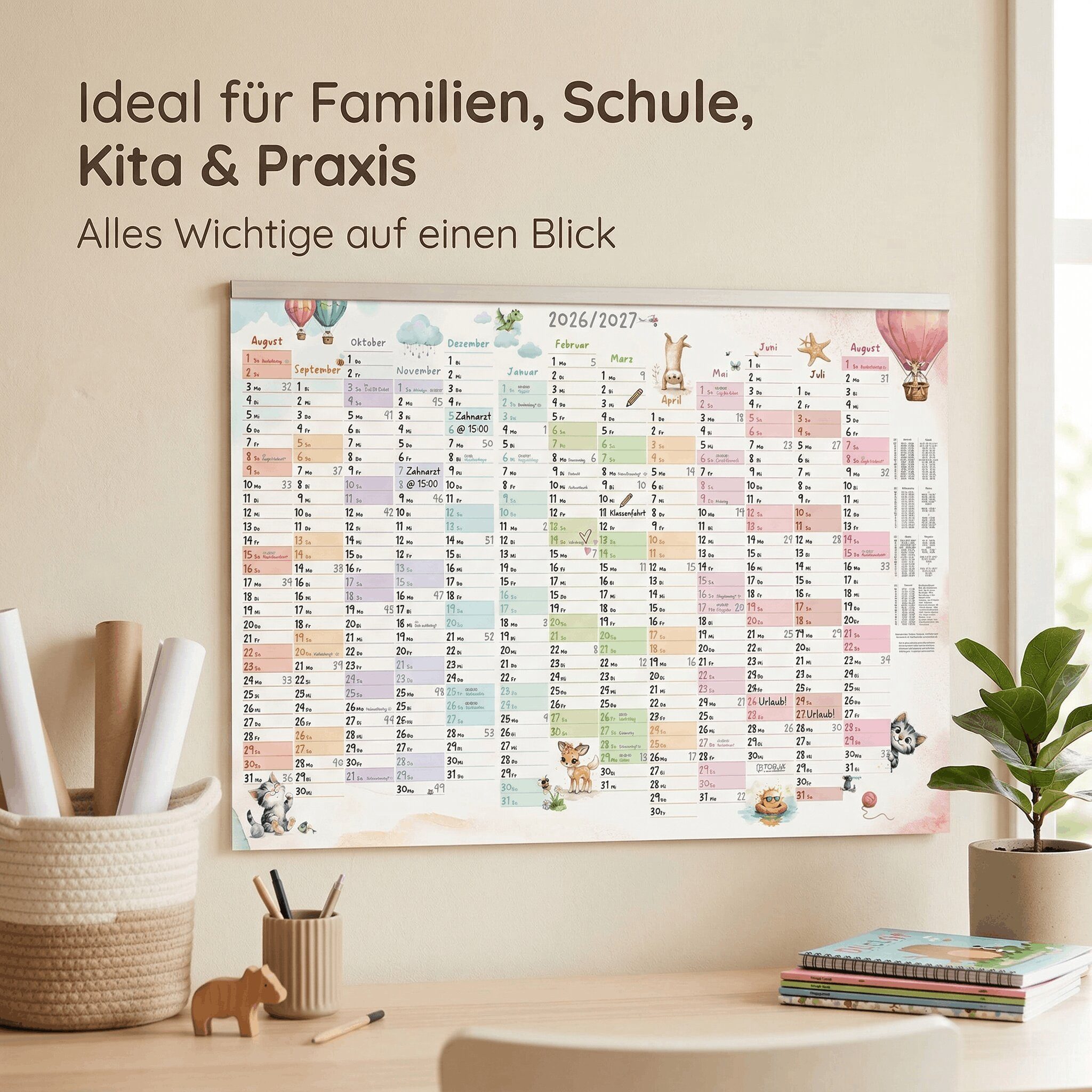 TOBJA Wandkalender Schuljahreskalender A1 2026/2027 "Tierwelt Pastell" 13 Monate, Wandkalender, Jahresplaner Ferien & Feiertage DE/AT