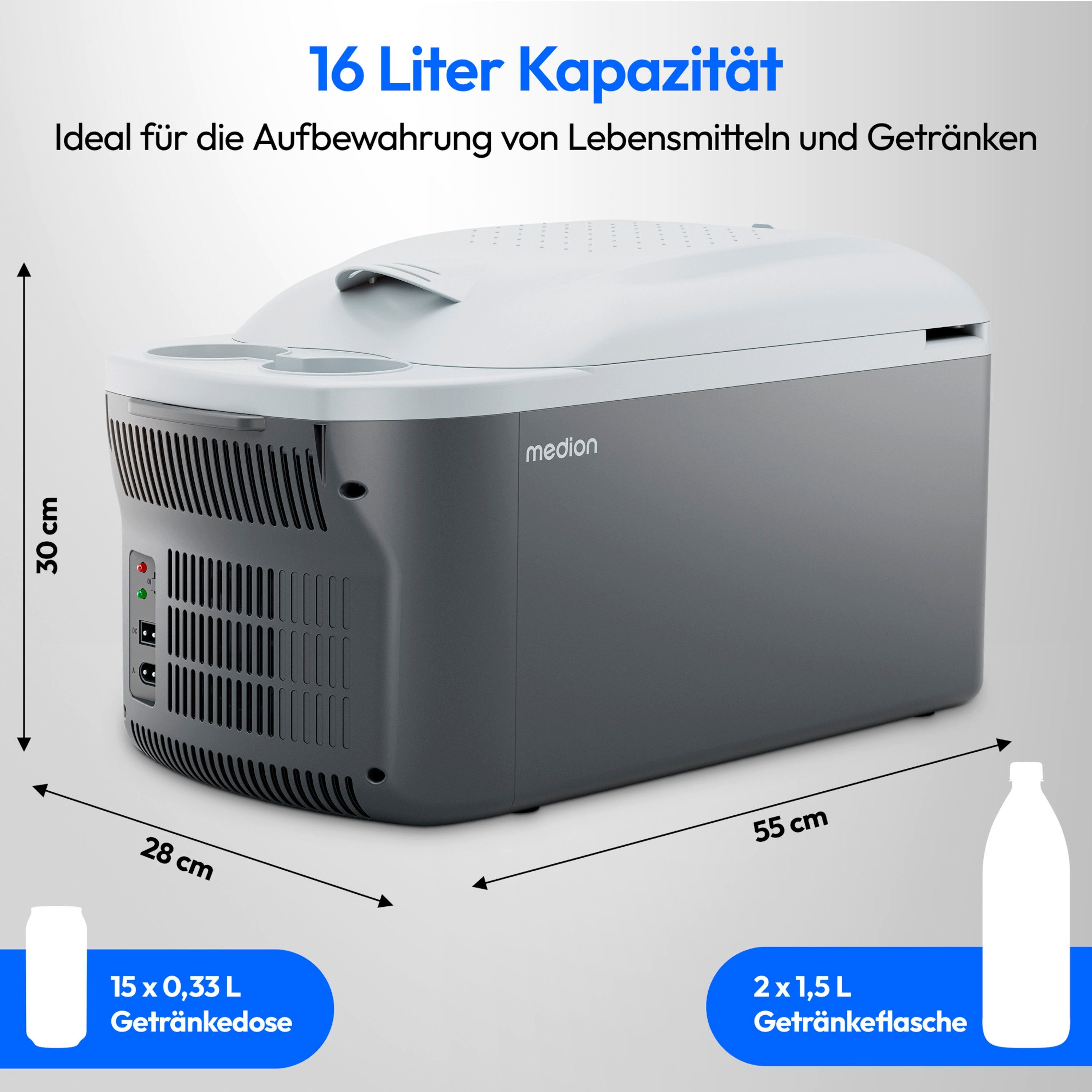 Medion® Kühlbox Kühlbox mit Wärmefunktion, 16L, 2in1 Kühlen & Wärmen, 12V/230V/5V USB