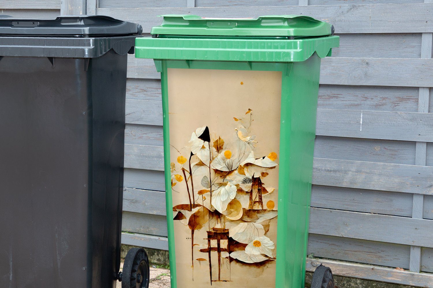 Wandsticker Mülltonne, (1 - Container, MuchoWow Abfalbehälter Pflanzen - Blumen St), Mülleimer-aufkleber, - Sticker, Vintage Weiß