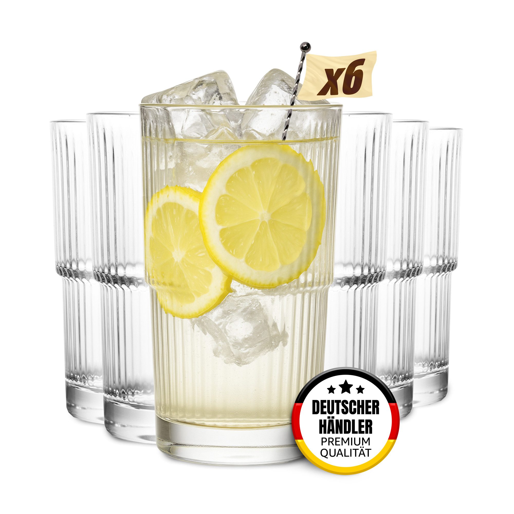 MUVELL Longdrinkglas 6er Set „Norway“ 480 ml klar, Matcha, spülmaschinenfest, 6-tlg., feuerpoliertes kristallklares 3mm Glas, Stoßfest, Spülmaschinenfest, 3 mm Glasstärke