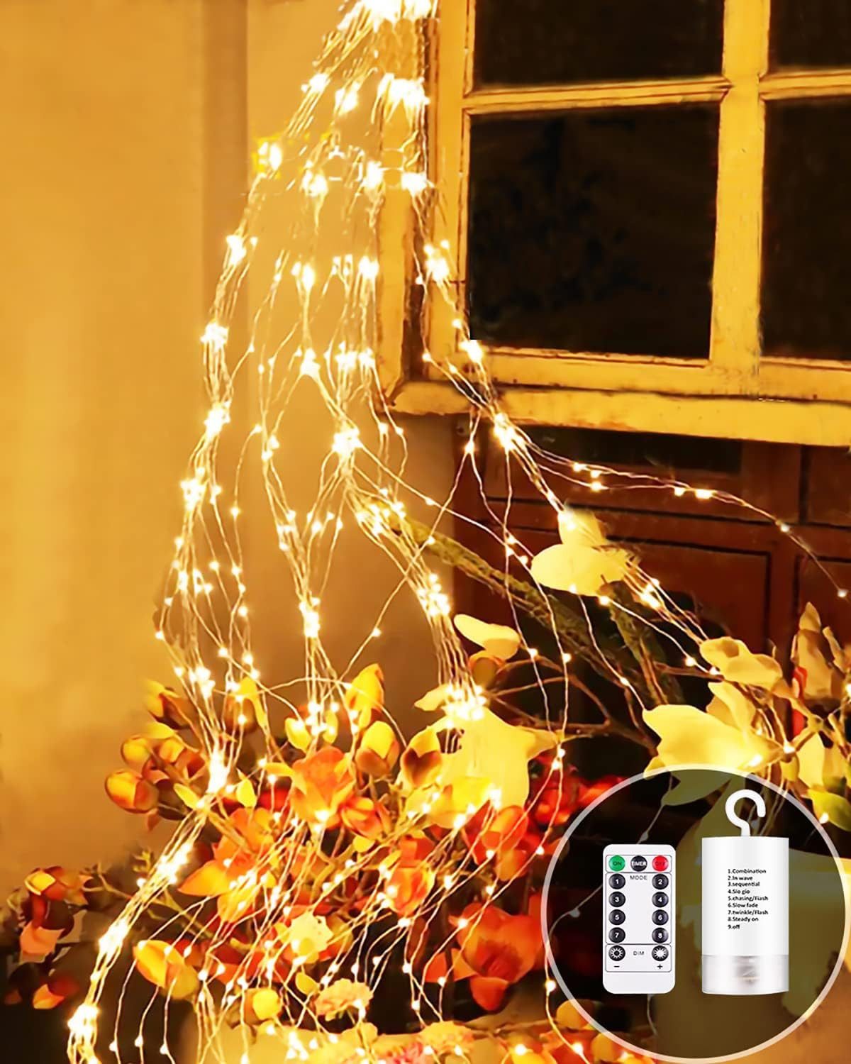Qualra LED-Lichterkette 200LEDs Lichterschweif Wasserfall Batterie für Weihnachten Innen Außen, 8 Modi Wasserdicht Weihnachtslichterkette mit Timer