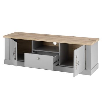 Lomadox Lowboard CHATHAM-61, Wohnzimmer Landhaus TV in grau mit Artisan Eiche Nb., 155/48/44 cm