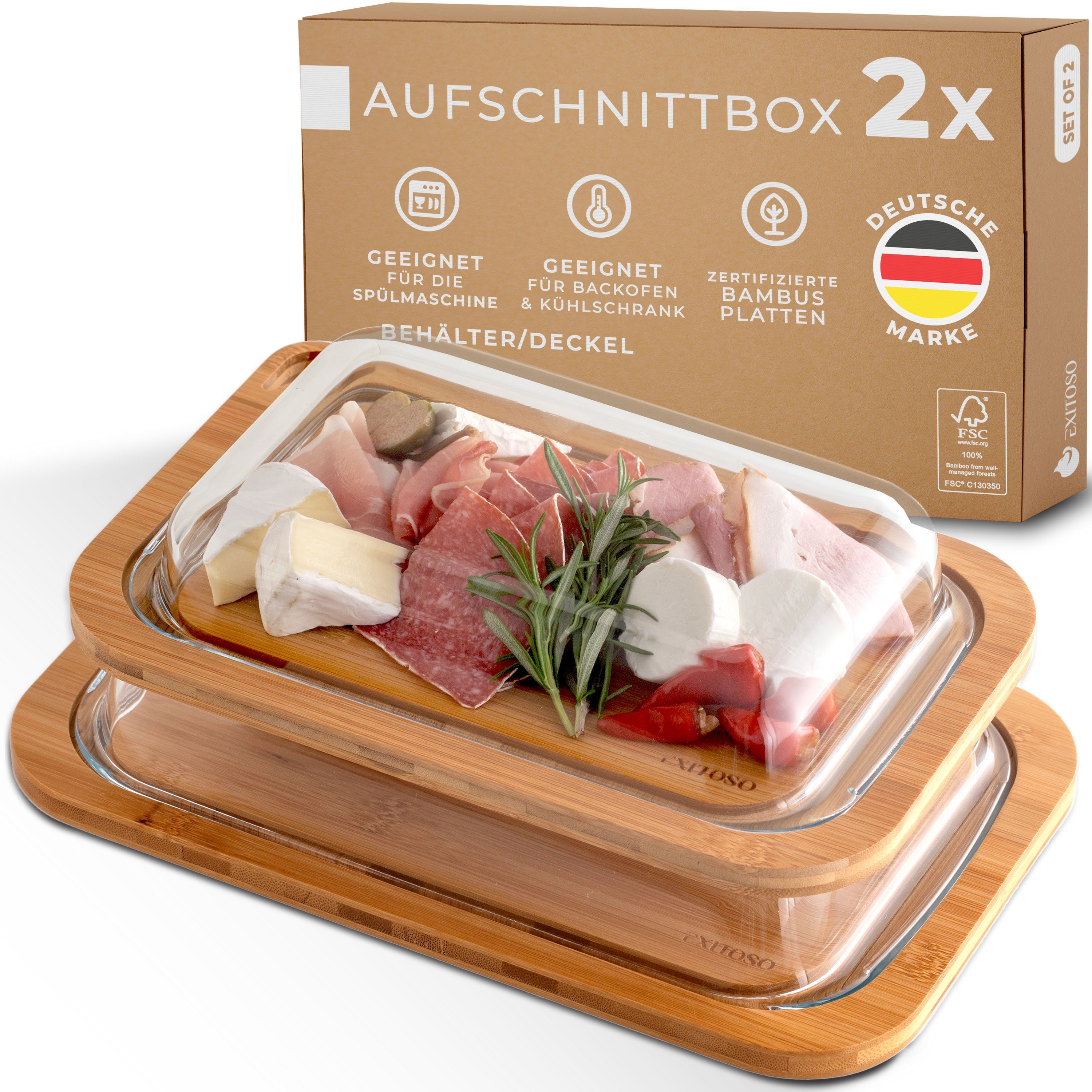 Exitoso Frischhaltedose Servierbrett Holz Aufschnittboxen für Kühlschrank aus Glas, 2er Set Stapelbar - Käseglocke - Frischhaltebox