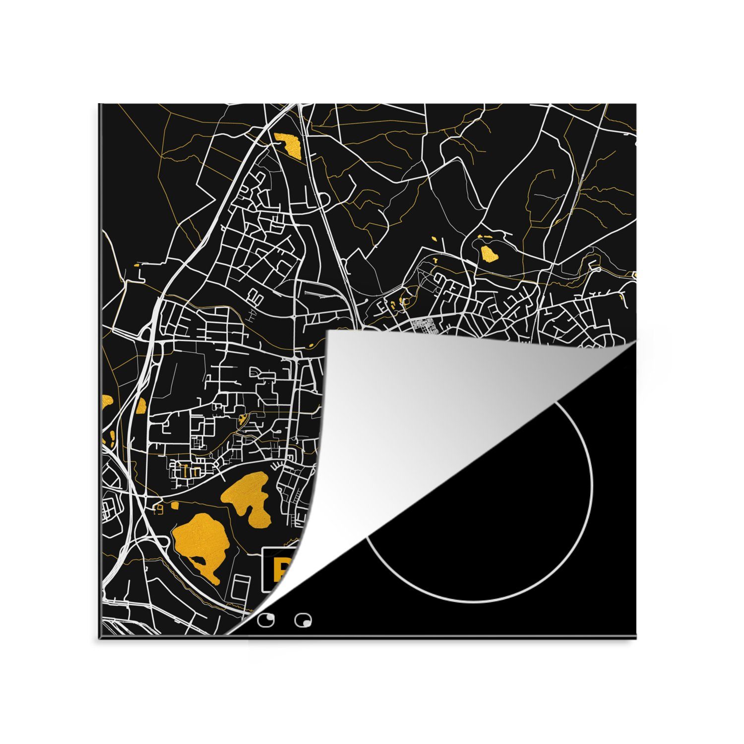 MuchoWow Herdblende-/Abdeckplatte Deutschland - Schwarz und Gold - Ratingen - Stadtplan - Karte, Vinyl, (1 tlg), 78x78 cm, Ceranfeldabdeckung, Arbeitsplatte für küche