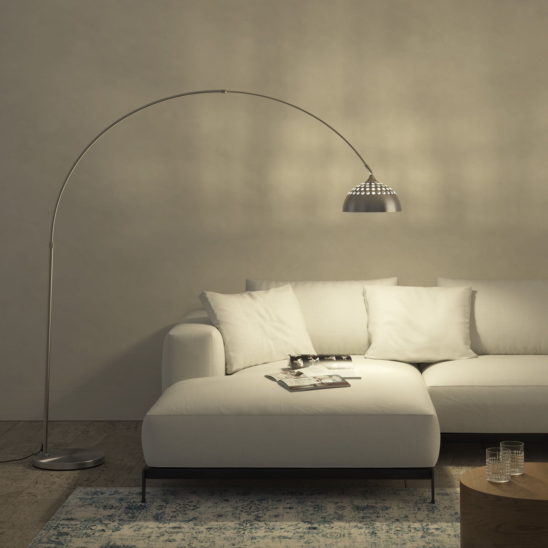 tectake Stehlampe Bogenleuchte aus beschichtetem Stahl, höhenverstellbar 187 - 206 cm, LED, 60 W, Fußschalter, massiver Standfuß mit Bodenschoner