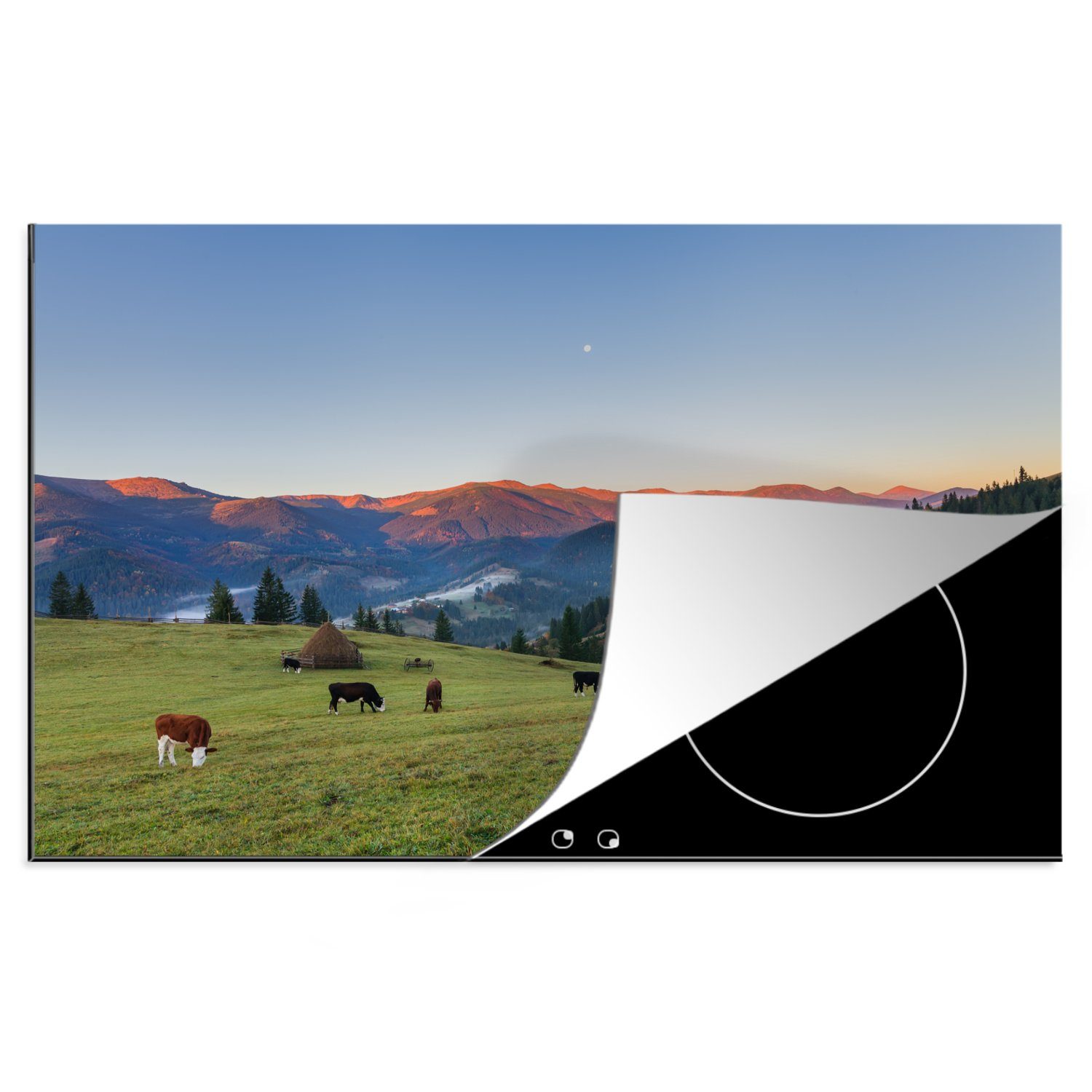 Induktionskochfeld Schutz Kühe Herdblende-/Abdeckplatte küche, - 81x52 cm, die MuchoWow Ceranfeldabdeckung tlg), für Berg (1 Alpen, Vinyl, -