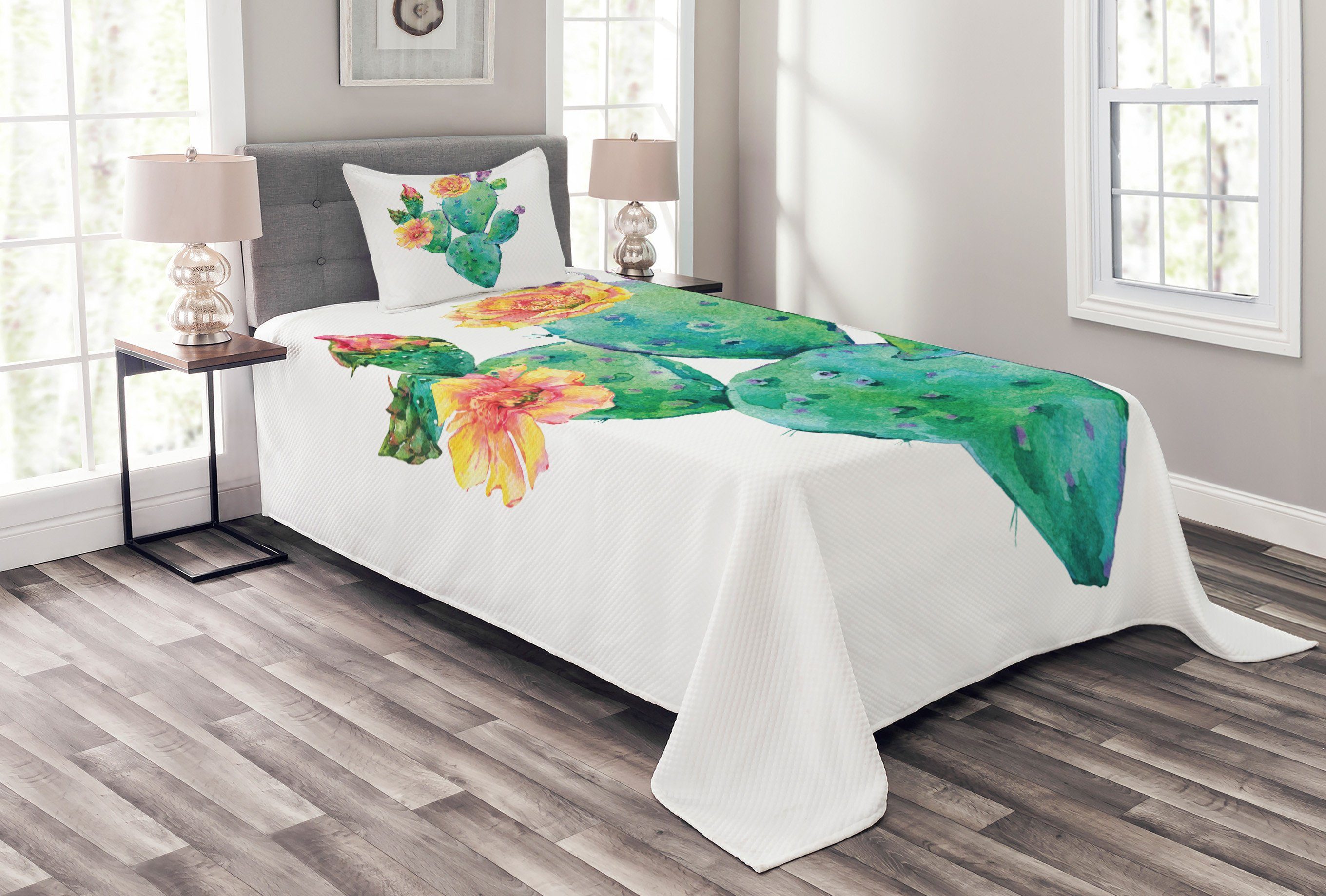 Tagesdecke Set mit Kissenbezügen Waschbar, Abakuhaus, Natürliche Farbe Kaktus mit Blumen