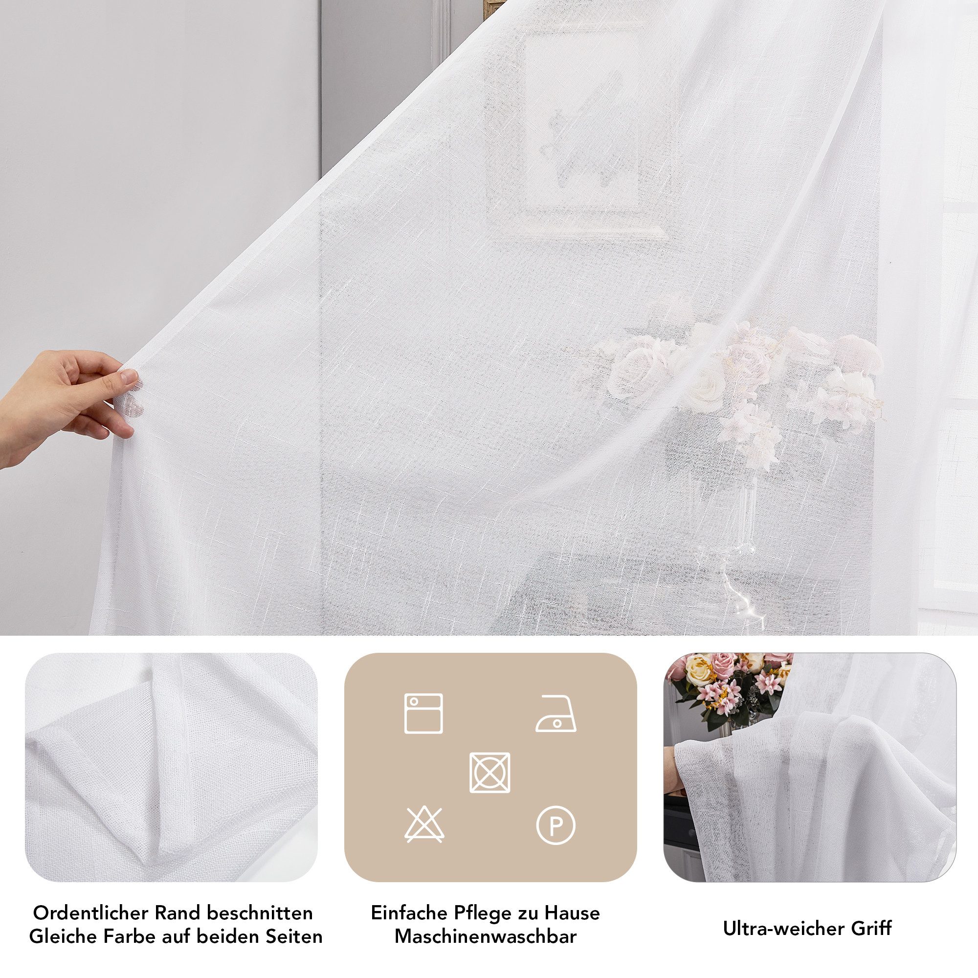 Deconovo Vorhang Voile Leinenoptik Gardinen mit Kräuselband Gardinenschal Weiß 2er Set, Luftige Vorhänge Dekoschal Transparent Vorhang Wohnzimmer einfarbig