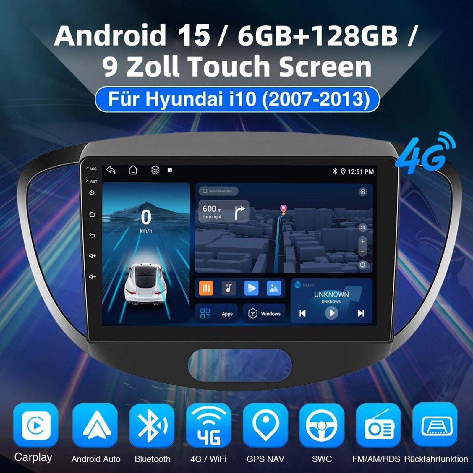 ESSGOO DAB+ Autoradio Für Hyundai i10 PA 2007-2013 6+128G Android 15 Carplay Autoradio (RDS, Digitalradio (DAB), FM, AM, 6+128G, Carplay Android Auto Bluetooth EQ USB GPS Navi WIFI Touchscreen)