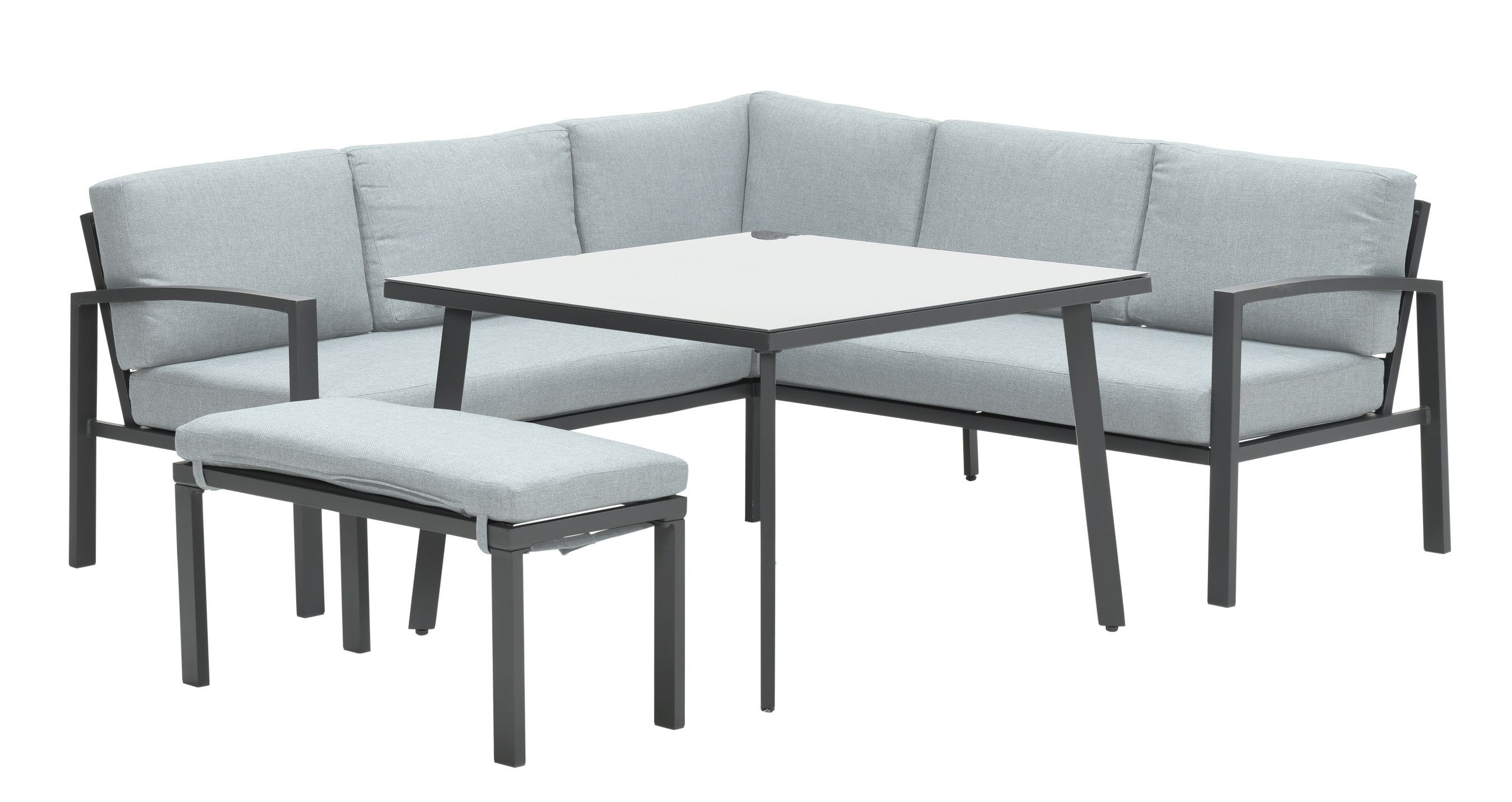 Garden Impressions Gartenlounge-Set Wellington mint-grey / Aluminium / Dining Eck Lounge / Outdoor, (Spar-Set, 3-tlg., Eckelement + XL Sitzbank + Tisch + Auflagen), inkl. Auflagen mit bequemer Polsterung wetterfest Alu