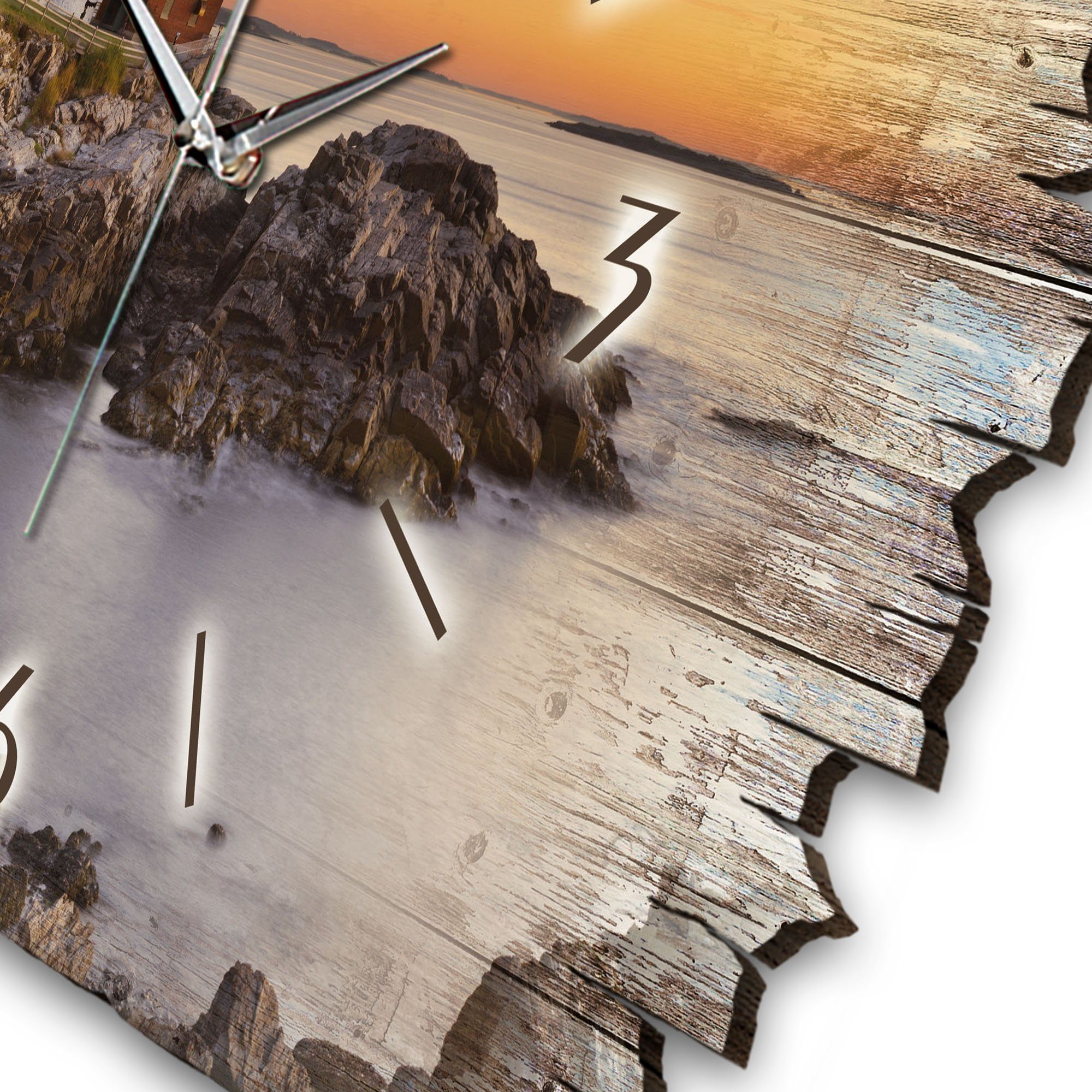 Kreative Feder Wanduhr Design-Wanduhr „Leuchtturm“ aus Holz im Shabby Style Design (ohne Ticken; flüsterleises Uhrwerk; außergewöhnlich, modern)