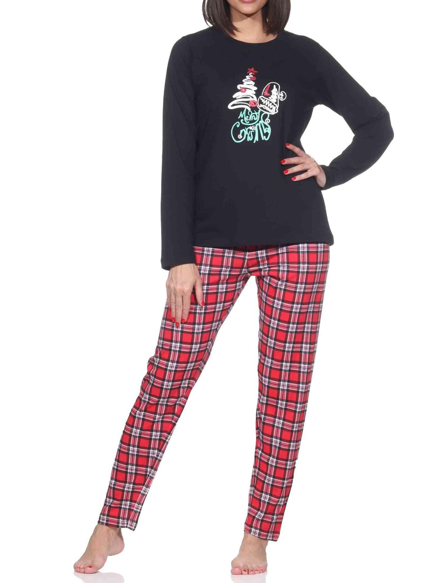 Normann Pyjama Damen Weihnachts Schlafanzug mit lustigen weihnachtlichen Motiv