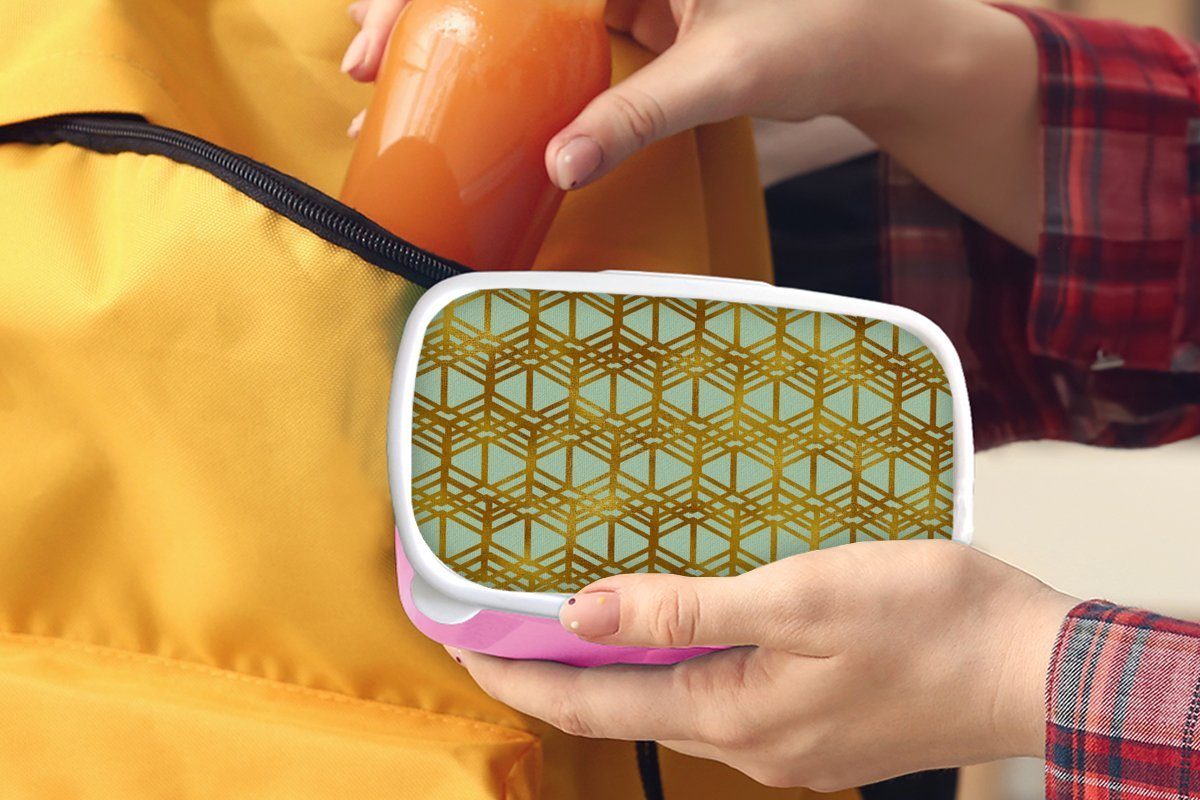 MuchoWow Lunchbox Muster - (2-tlg), Snackbox, Mädchen, - Luxus Brotdose Brotbox Erwachsene, Hellgrün, rosa Kunststoff, für Kunststoff Gold - Kinder