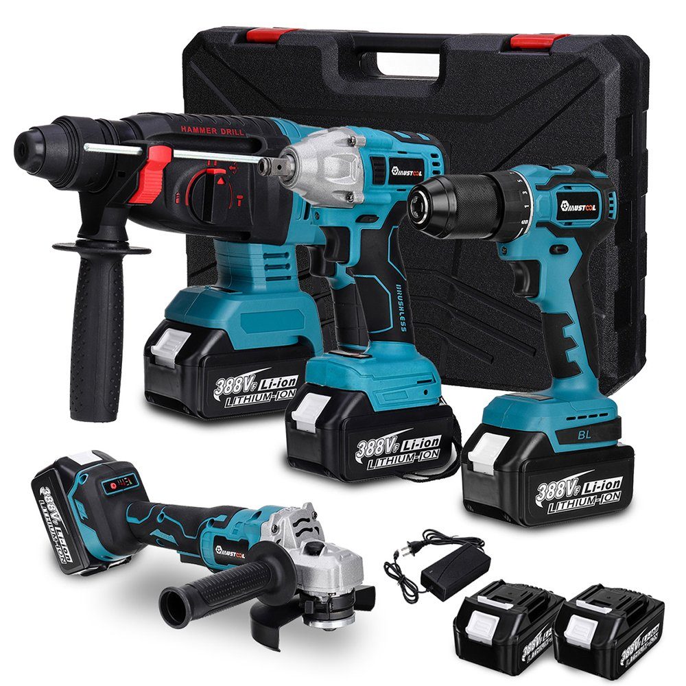 Insma Schlagbohrmaschine 4 IN 1 Multi Elektrowerkzeugsatz, (4-tlg., Bürstenlose 125mm Winkelschleifer + Bohrmaschine + Elektrischer Hammer), inkl. 2 Akkus Set