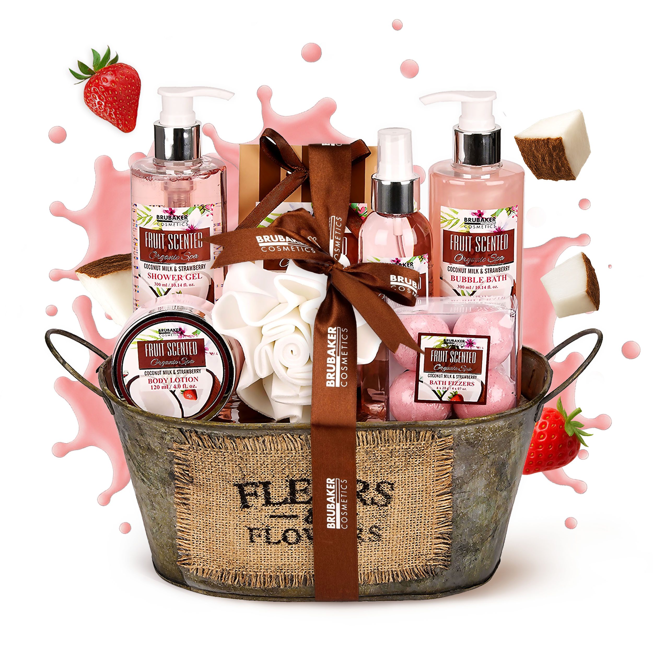 BRUBAKER Pflege-Geschenkset Dusch- und Badeset mit Kokosnuss & Erdbeer Duft Set, 11-tlg., Frauen Geschenk Set in Vintage Wanne, Wellness Pflegeset für Damen