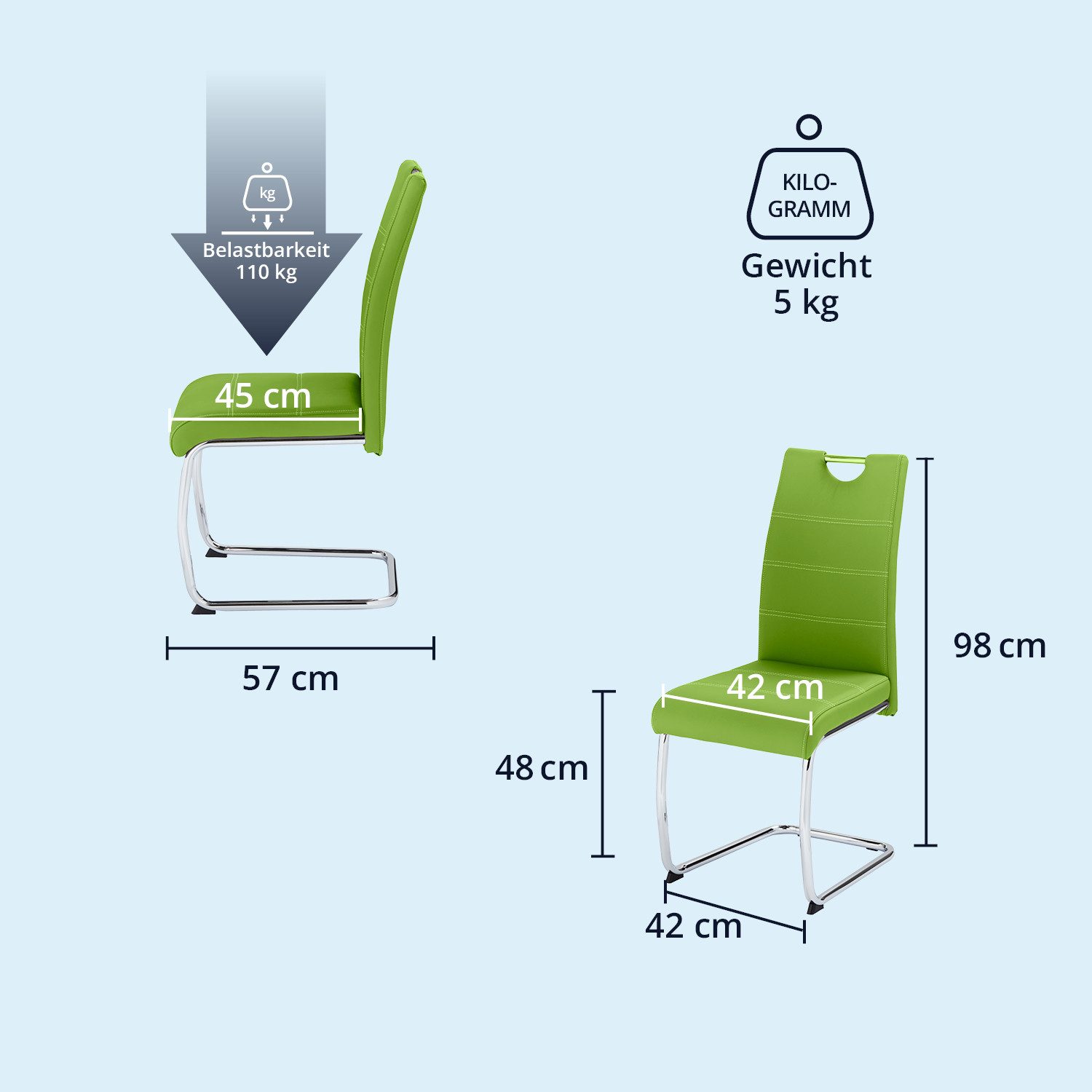 KHG Freischwinger Esszimmerstuhl Kunstleder Grün, bis 120 kg belastbar, Modern, Kunstleder, Metallgestell verchromt, Freischwinger, Fußbodenschoner