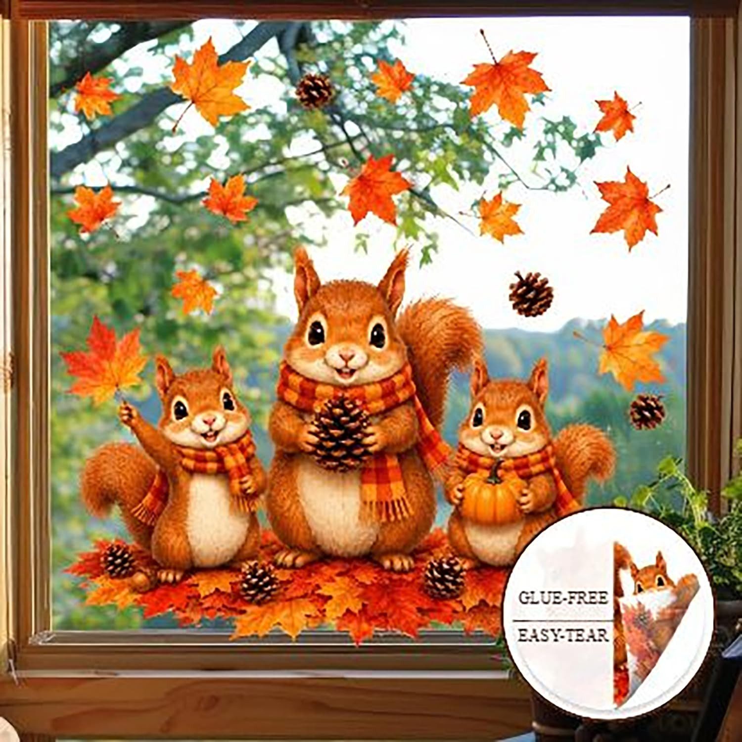Bomiclss Fensterbild Süßer Herbst-Fensteraufkleber,Motiv:Eichhörnchen mit Schal, 60 x 30 cm, 2er-Pack,Statisch haftend, Ahornblatt-Muster, wiederverwendbar – Bild 5 von 5