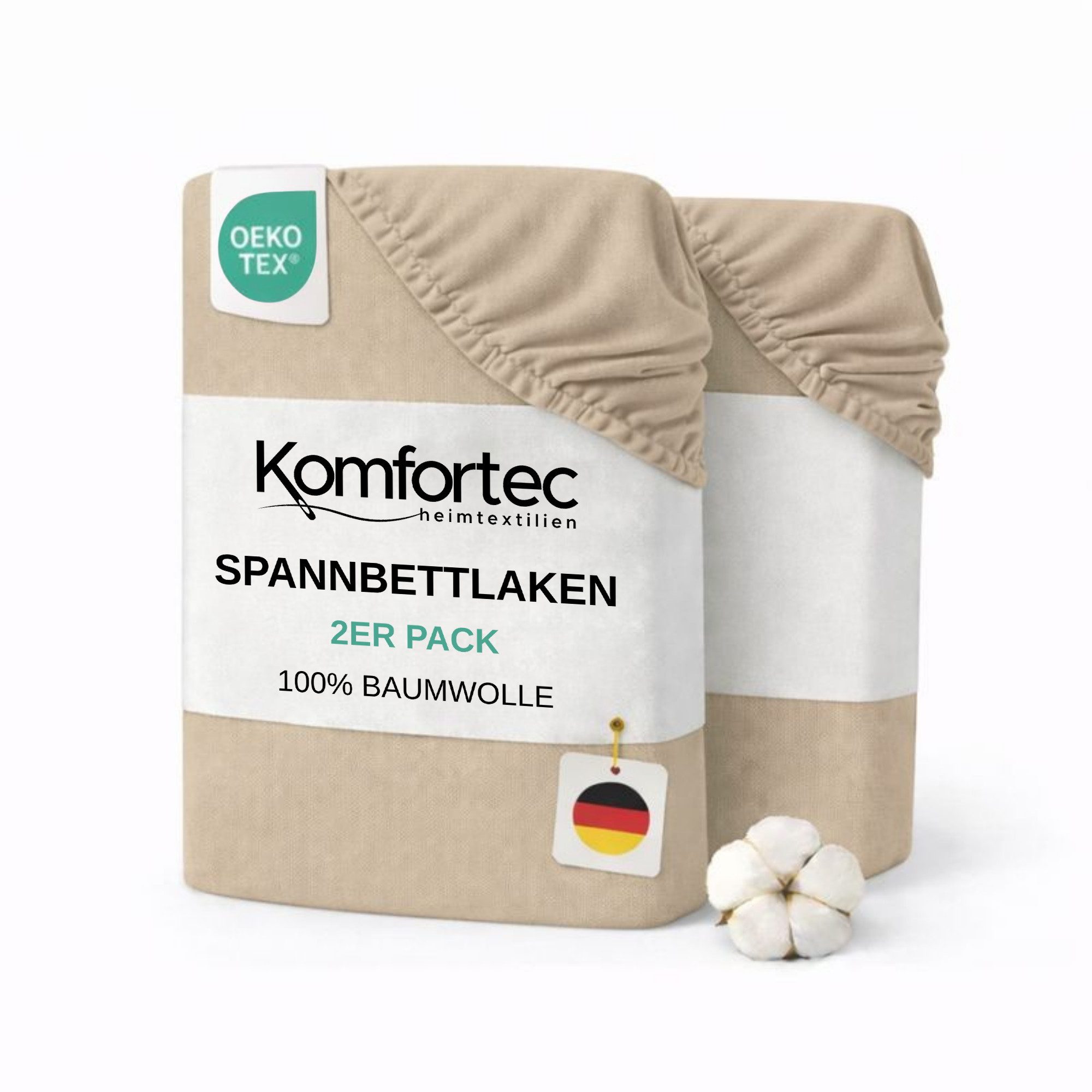 Komfortec Spannbettlaken Jersey Spannbettuch, 90x200, 140x200, 160x200, 180x200 oder 200x200 cm, 100% Baumwolle (135 g/m), Gummizug: Rundum, (2 Stück), OEKO-TEX® Standard 100 Zertifisiert, für Matratzen bis 25 cm Höhe