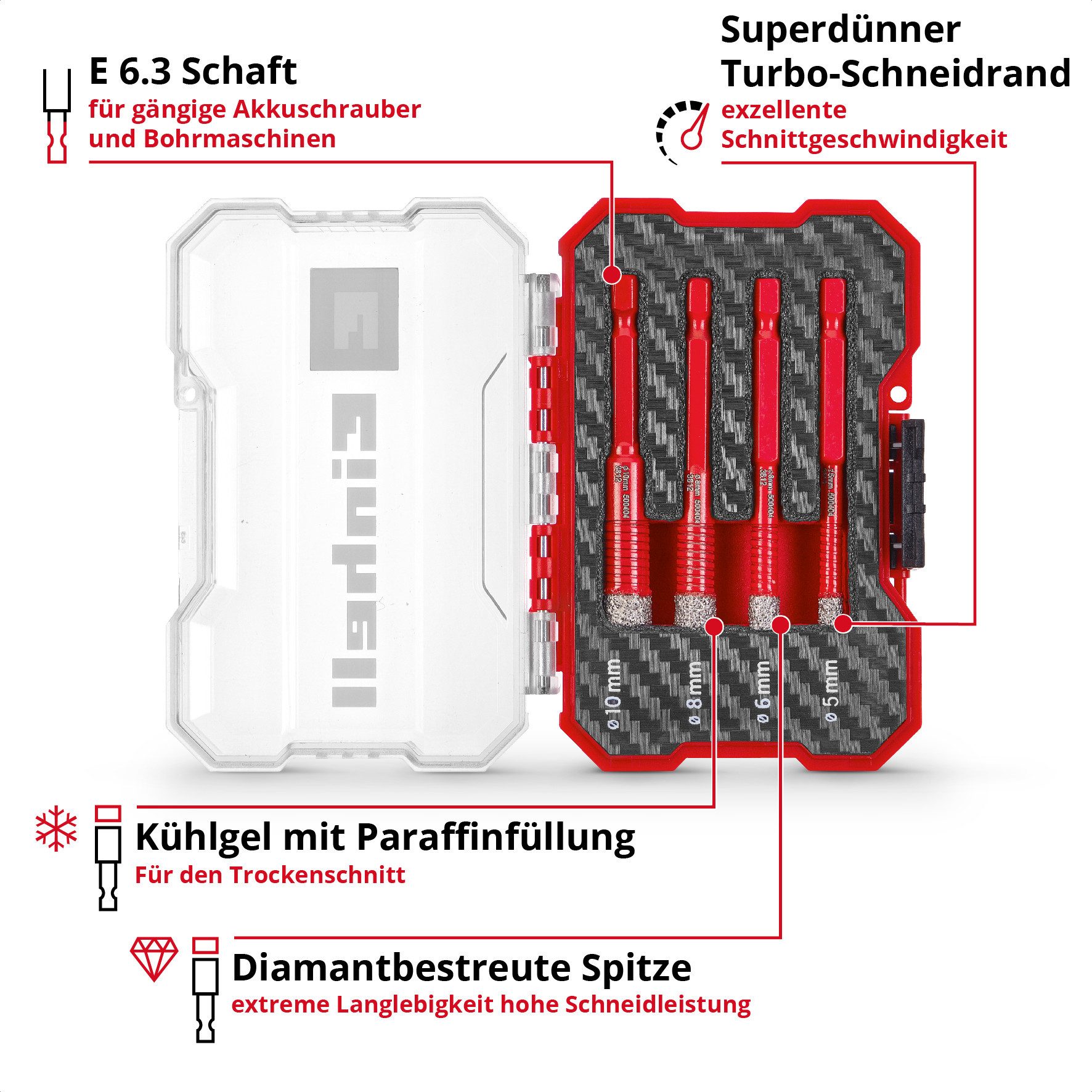 Einhell Bohrer- und Bit-Set Original Einhell XS-CASE 4-tlg. Diamant-Fliesenbohrer-Set (Trockenschn, (4x Fliesenbohrer (5 / 6 / 8 / 10 mm), 1x Aufbewahrungsbox (10,8 x 7,5 x 3,5 cm), 4-tlg), XS-CASE 4-tlg. Diamant-Fliesenbohrer-Set (Trockenschnitt, 7-mm-Diamant