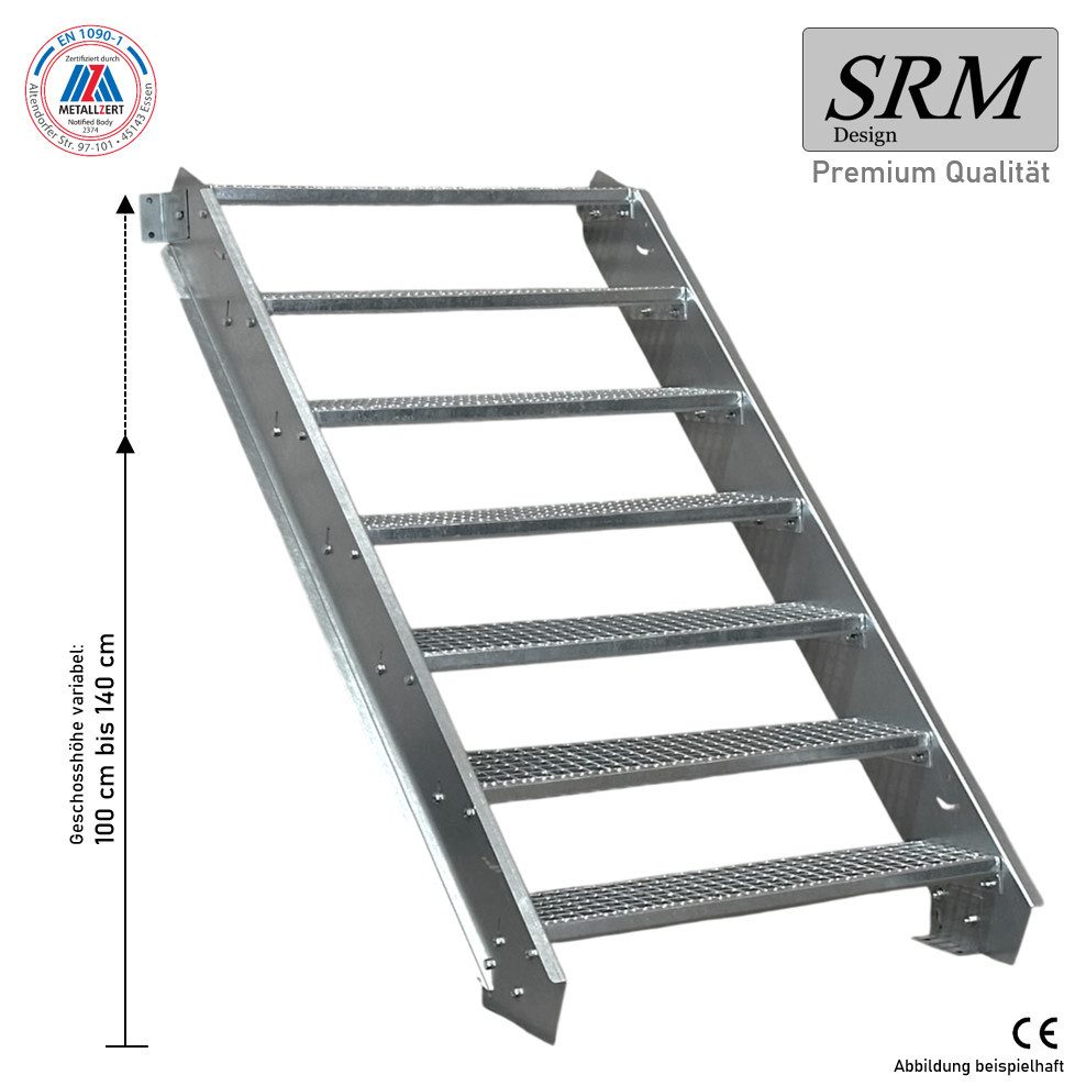SRM Design Außentreppe 7 Stufen Stahltreppe 80cm Stufenbreite, Höhe 100-140cm, ohne Geländer