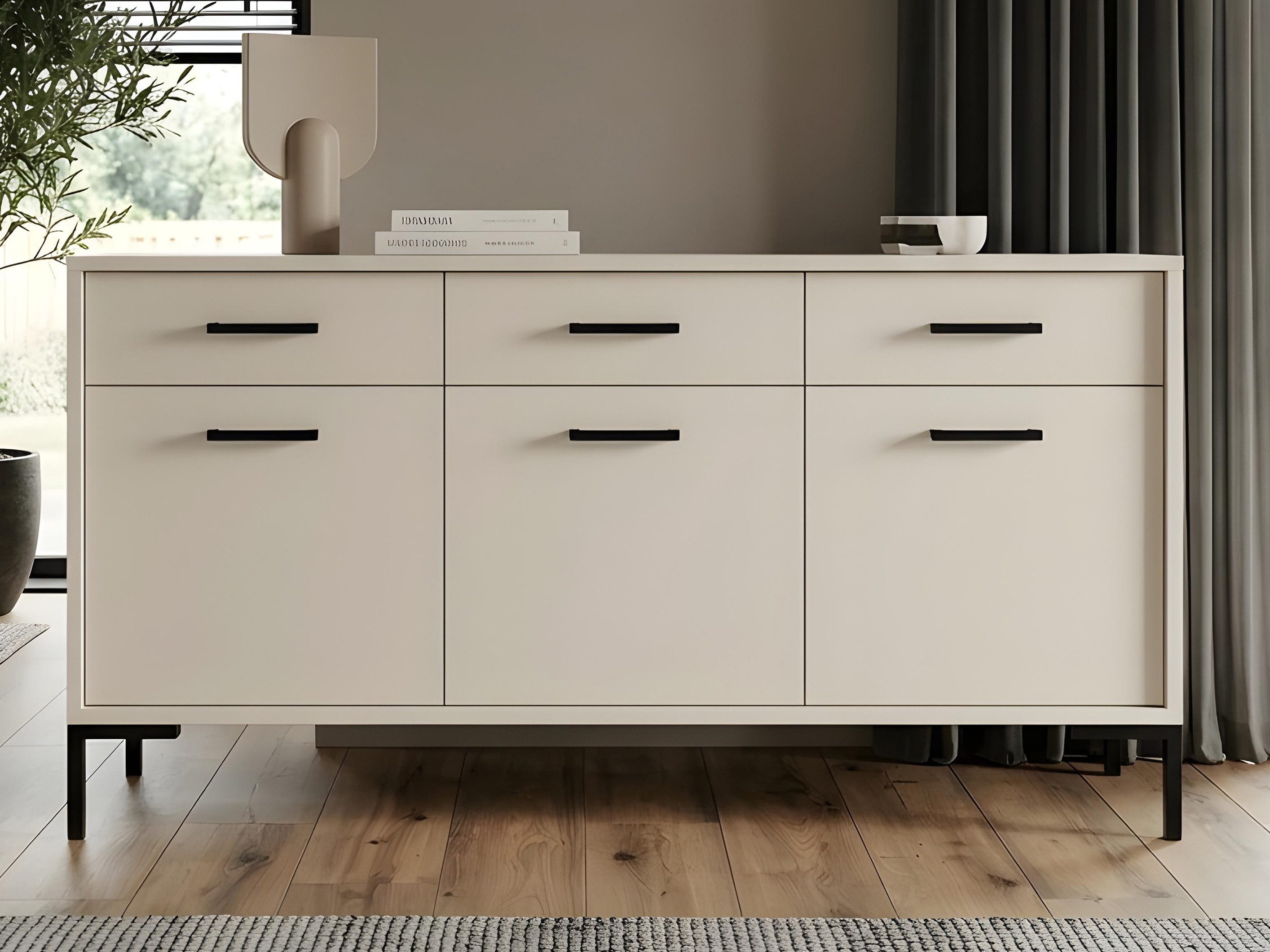 Beautysofa Kommode SELENA 150 cm Sideboard mit 3 Türen und 3 Schubladen (Metallfüße, Soft-Close, Schlafzimmer Kommode), Weiß oder Kaschmir