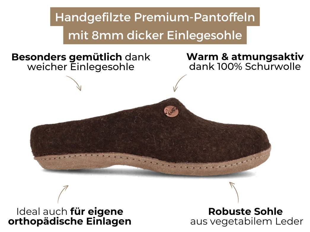 WoolFit handgefilzte Pantoffeln für Damen und Herren aus 100% Wolle Hausschuh ideal für eigene Einlagen