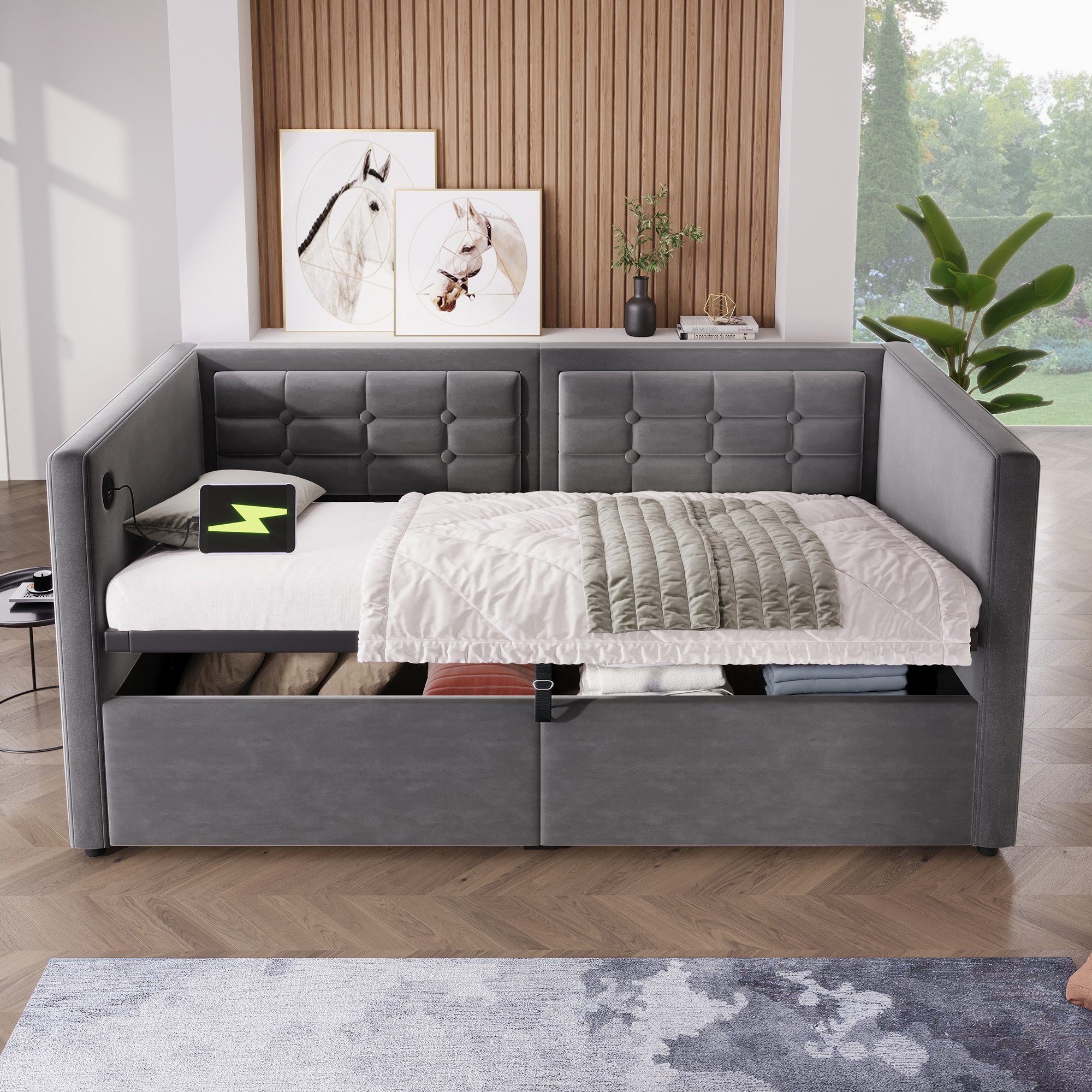 Fanttik Polsterliege Polstertes Sofabett, Einzelbett Schlafsofa, mit Bettkasten