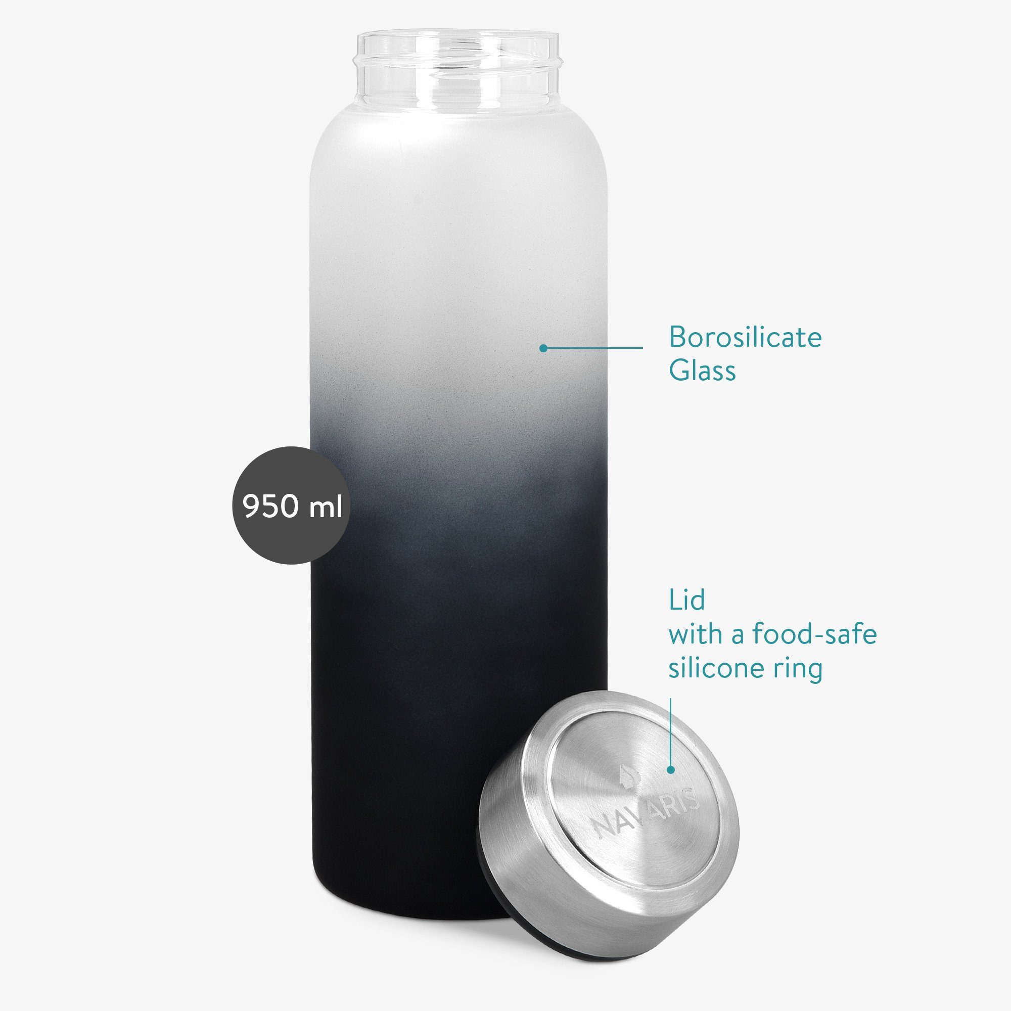 Glasflasche Trinkflasche Neoprenhülle mit Speiseteller 950ml aus Borosilikatglas - Navaris