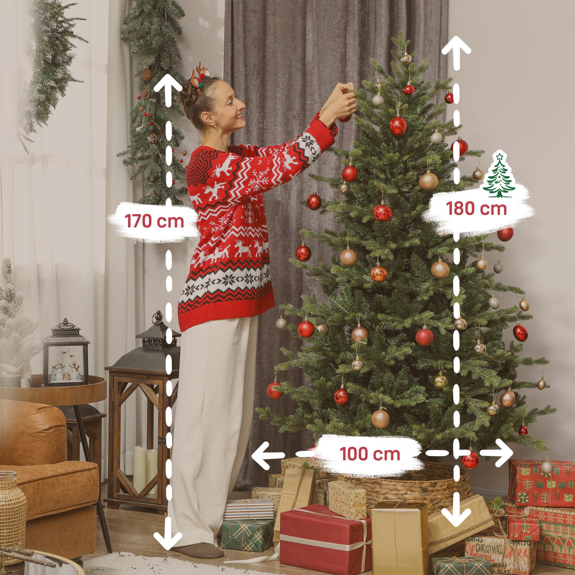 HOMCOM Künstlicher Weihnachtsbaum Weihnachtsdeko Fichtenform 180 cm mit dichten Zweigen, Tannenbaum, für Weihnachtsfest, Indoor, Grün
