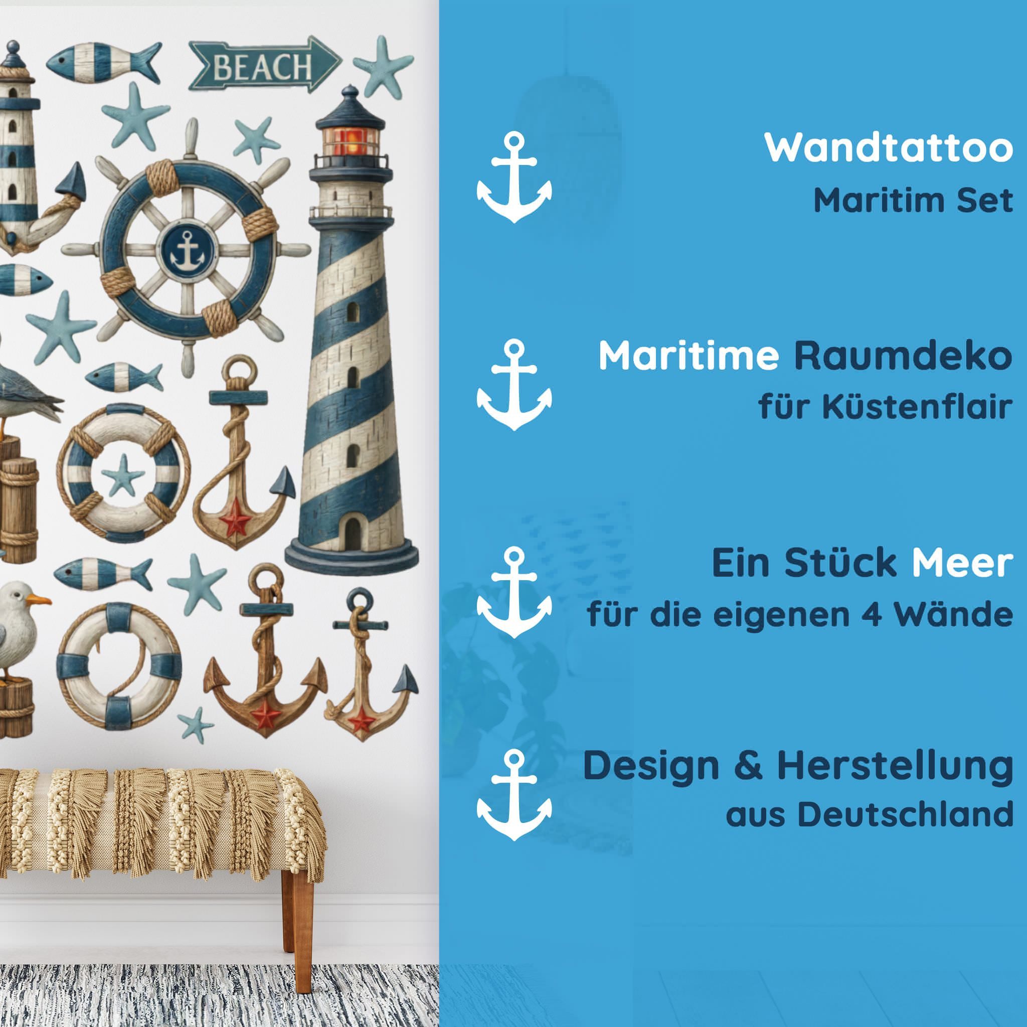 Sunnywall Wandtattoo Aufkleber Maritim Set – Leuchtturm, Möwen, Anker & Seesterne, selbstklebend, konturgeschnitten, rückstandslos entfernbar – Bild 4 von 5