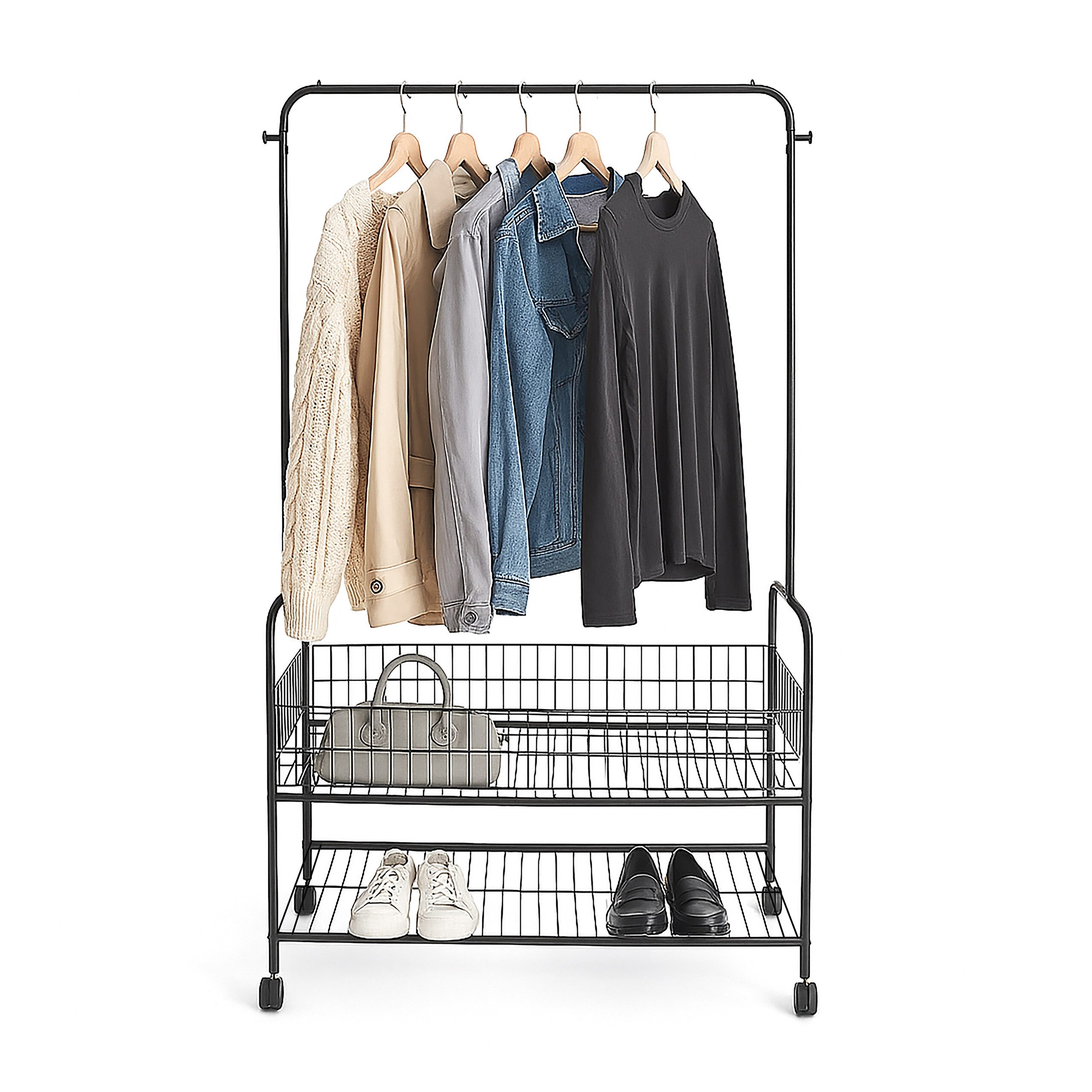 relaxdays Kleiderständer Rollbarer Kleiderständer mit 2 Ablagen, schwarz günstig online kaufen