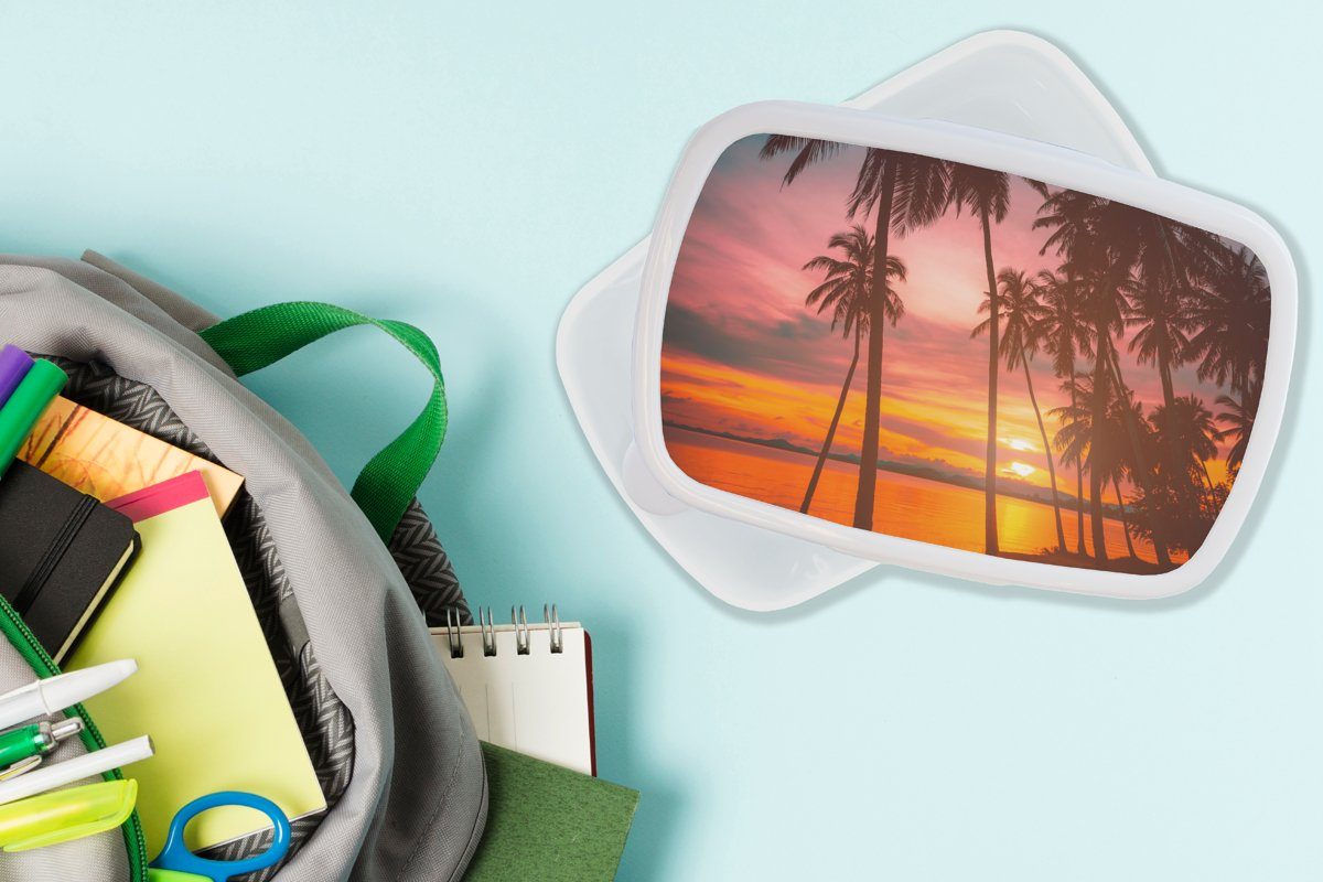 MuchoWow Lunchbox Meer Silhouette, - Erwachsene, für Kunststoff, Sonnenuntergang für - weiß Brotbox Jungs Kinder und Mädchen - Palme Strand (2-tlg), und Brotdose, 