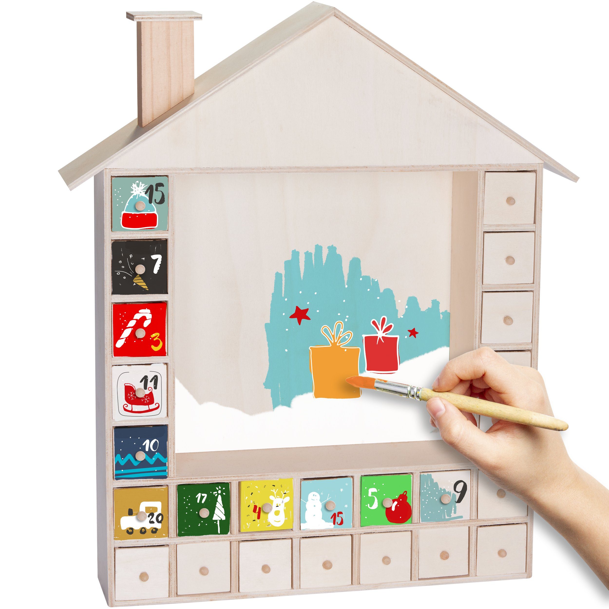 BRUBAKER Kalender zum Selbstbasteln DIY Adventskalender zum Bemalen und Befüllen, Blanko Weihnachtskalender, 40,3 cm Weihnachtshaus zum Selbstgestalten