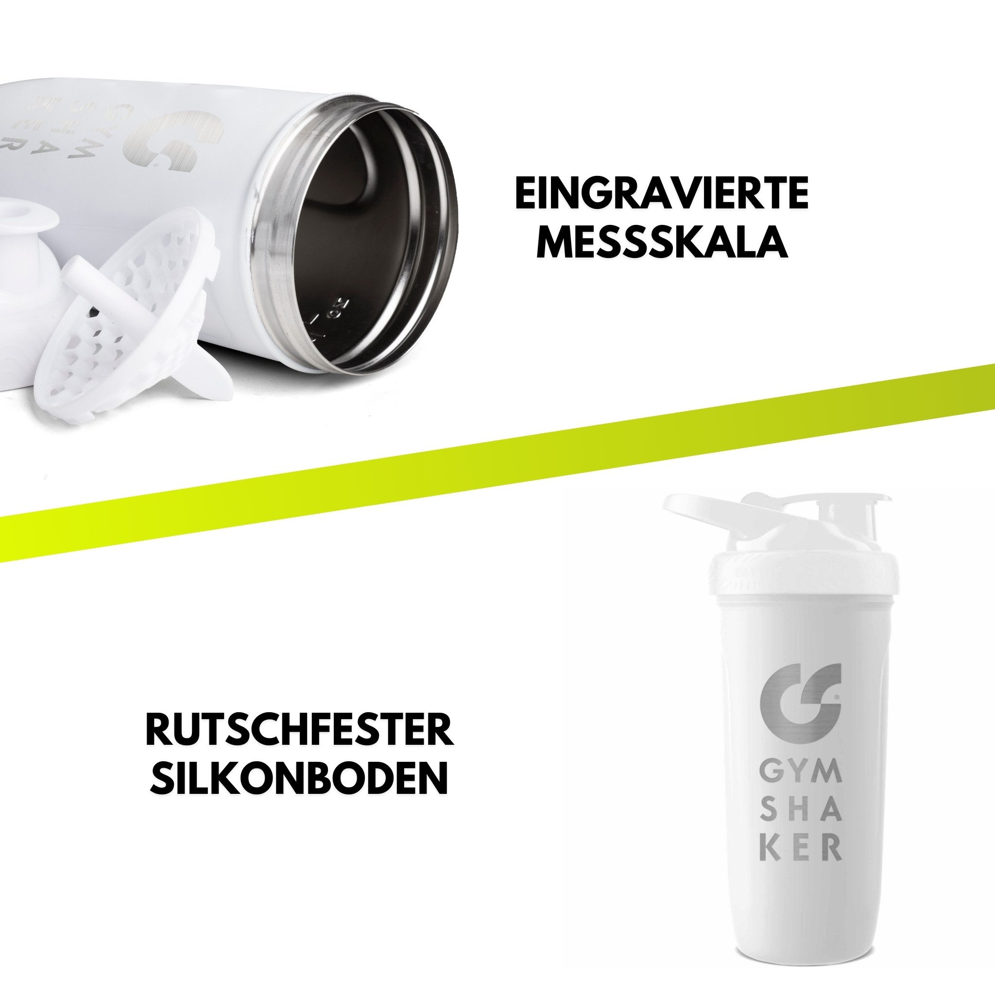 GYMSHAKER Protein Shaker Edelstahl Trinkflasche für Fitness, Sport, Bodybuilding & Muskelaufbau, Edelstahl, (Packung, Shaker aus rostfreiem Edelstahl mit Sieb und weichen Silikonboden), Wabenstruktur-Sieb für cremige Protein Shakes