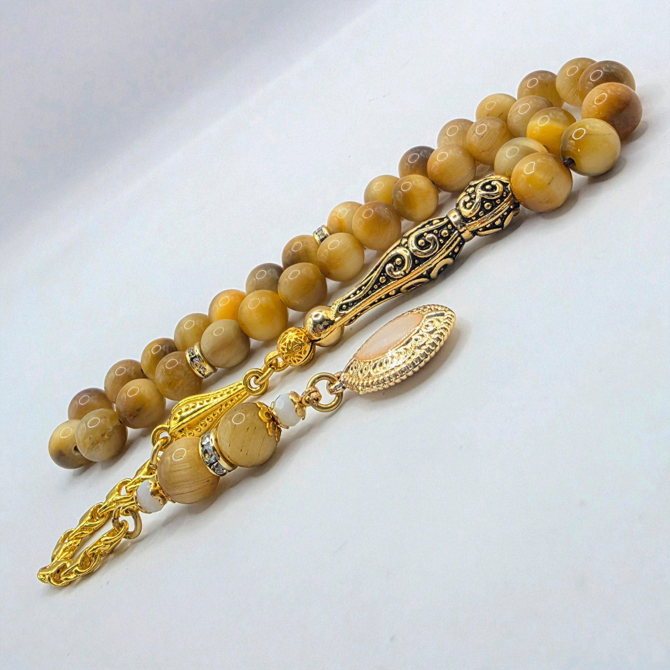 M-Punkt24 Kettenanhänger Tesbih Tespih Naturstein Küre Rund (Tigerauge Gold Gelb Milchig, Gebetskette, Rosary, Subha Misbah), Design Püskül, inkl. ETUI, *SONDERPREIS WEGEN PRODUKT NEUHEIT*