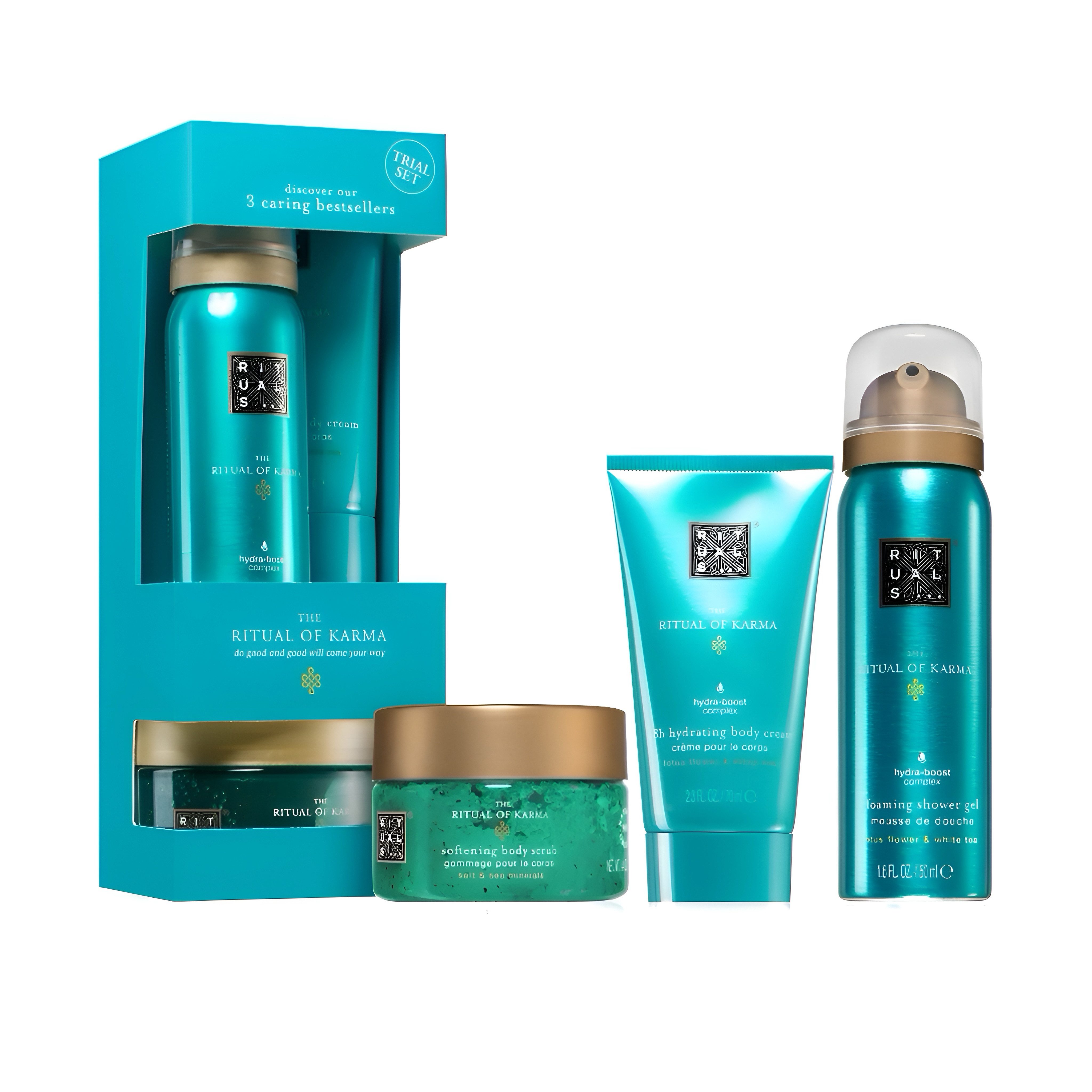 Pflege-Geschenkset The Ritual of Karma Try Me – Körpercreme, Duschschaum & Peeling