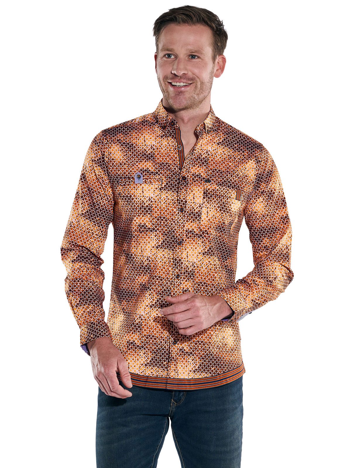 Engbers Langarmhemd Herren Langarm-Hemd gemustert, Rostorange günstig online kaufen