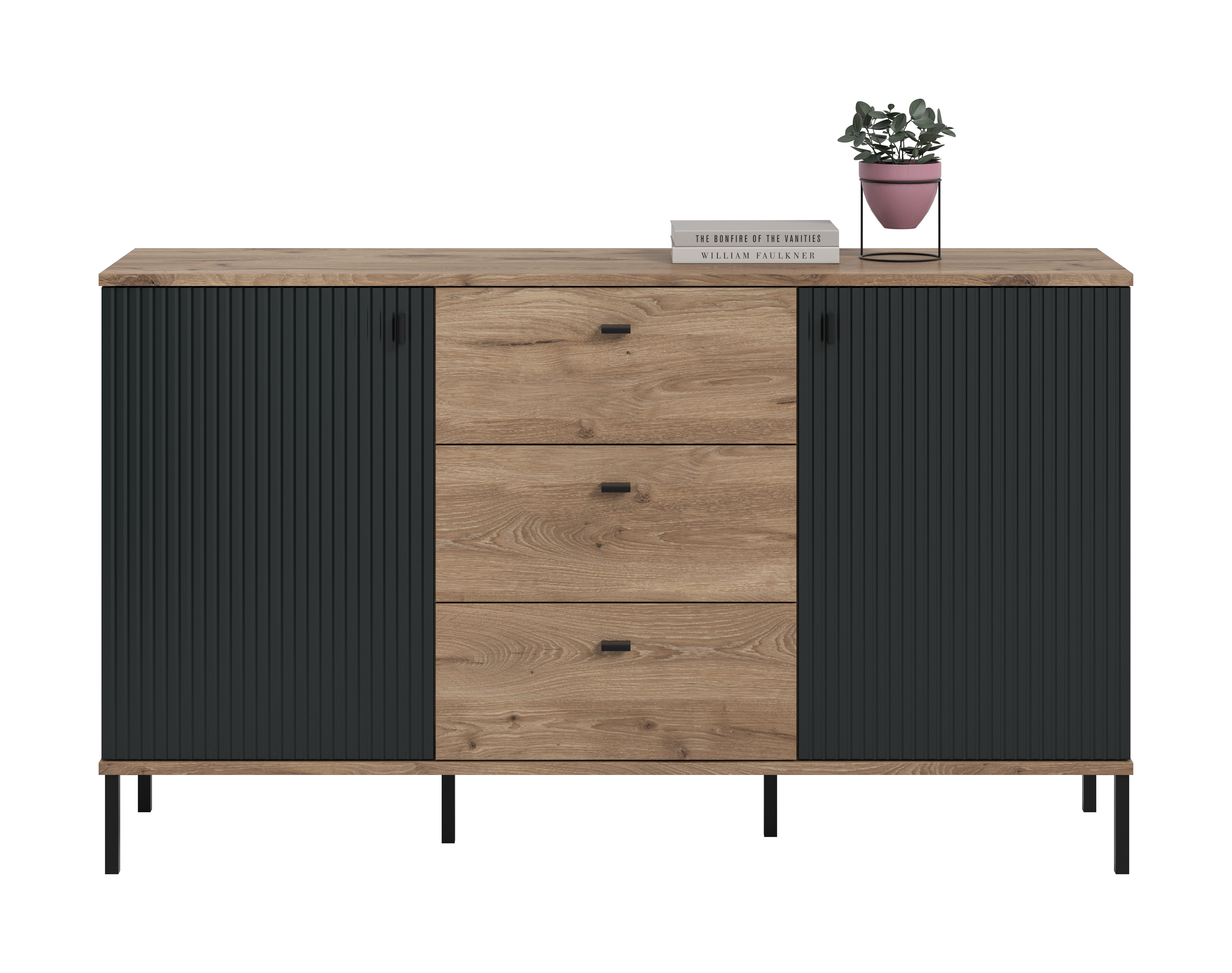 furnling Sideboard Chesco, mit 2 Türen, 3 Schubladen, Soft-Close, Breite 154 cm, Nox Oak/schwarz