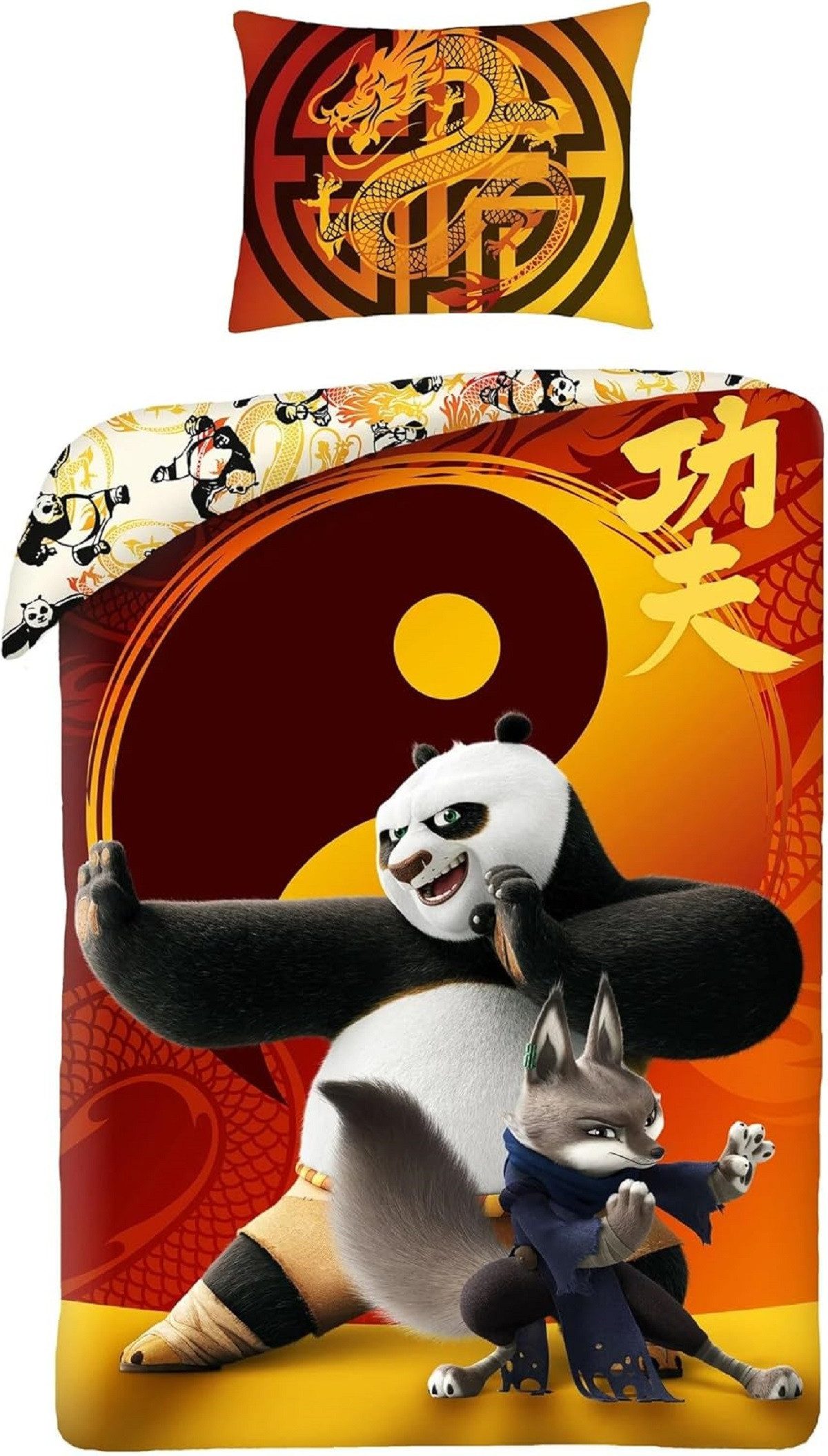 Kung Fu Panda Bettwäsche Set aus Baumwolle Deckenbezug 140 × 200 cm mit 70 × 90 cm Kissenbezug, Baumwolle, 2 teilig