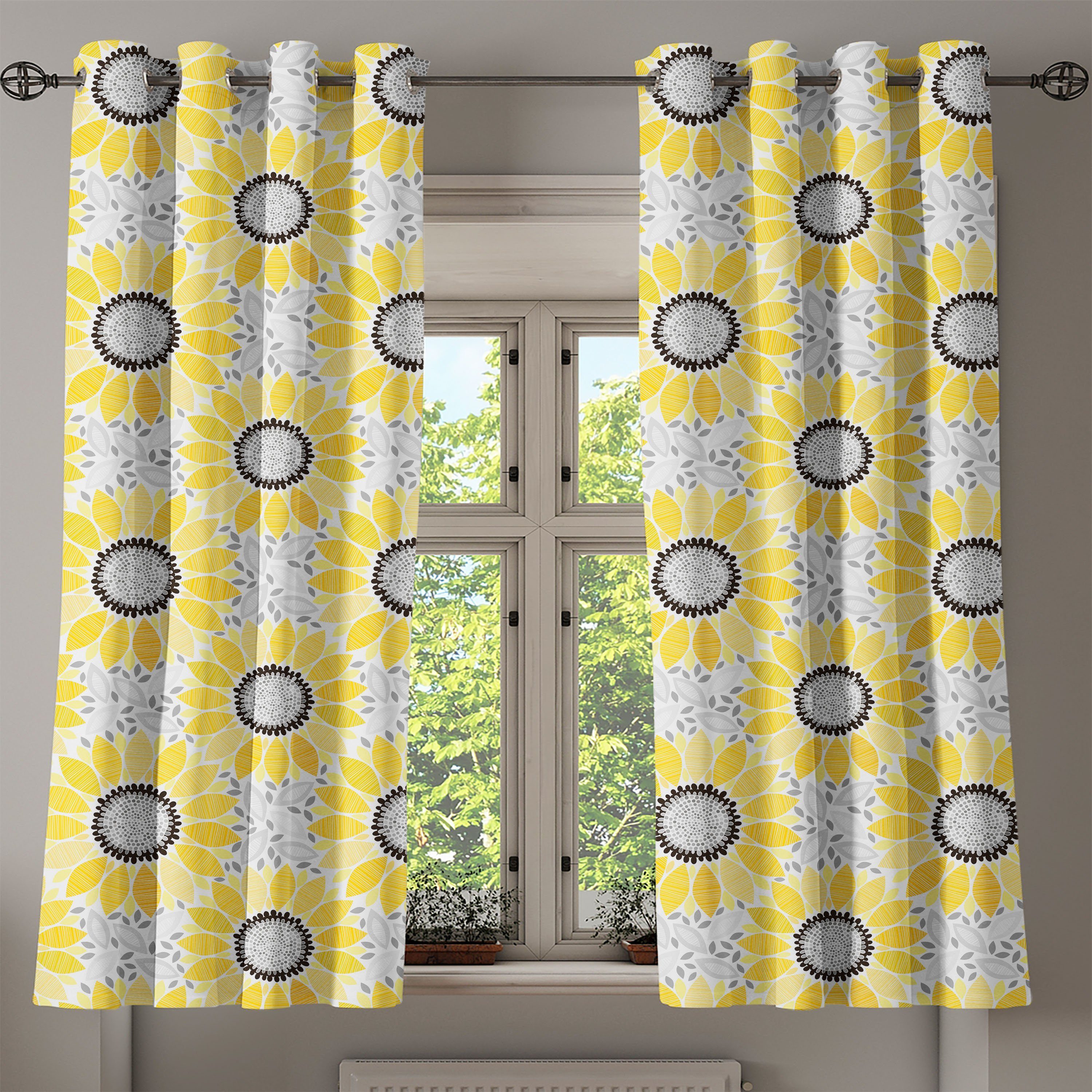 Wohnzimmer, für Abakuhaus, 2-Panel-Fenstervorhänge Schlafzimmer Gardine Gelb Sun-Blumen-Natur-Kunst Dekorative
