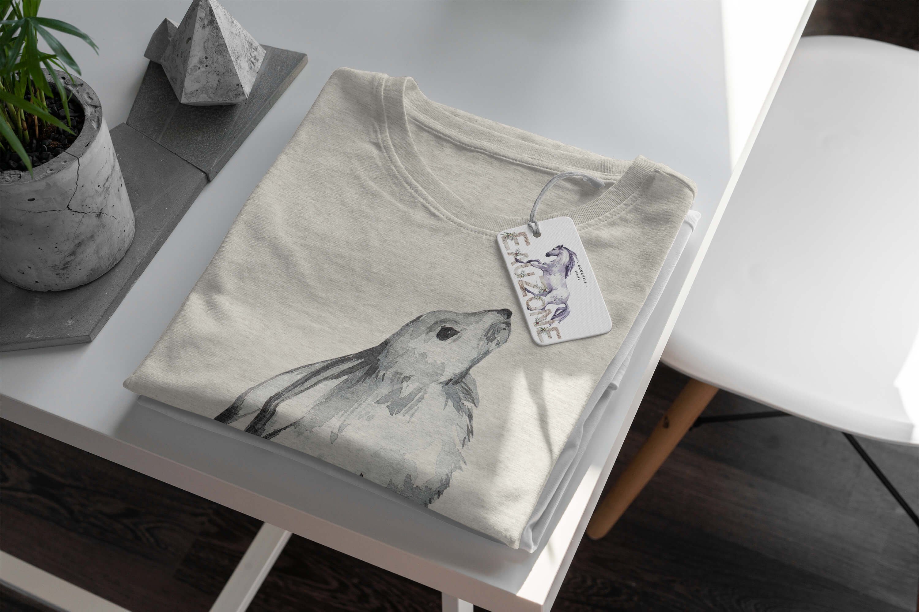 Sinus Art T-Shirt Motiv gekämmte Herren T-Shirt Ökomode Hase Nachhaltig (1-tlg) Aquarell 100% Bio-Baumwolle Shirt erneuer aus